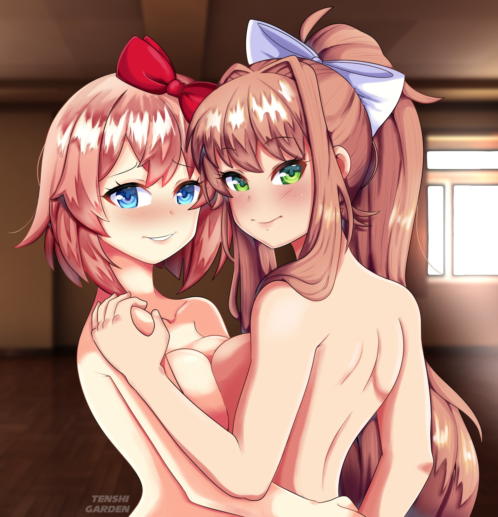 2girls, big breasts, blue eyes, blush, breast to breast, breasts, cute, doki doki literature club, eye contact, female, female only, green eyes, hair ribbon, hugging, long hair, looking at viewer, monika (doki doki literature club), ponytail, pov, pov eye contact, sayori (doki doki literature club), short hair, smile, tenshigarden, upper body, yuri