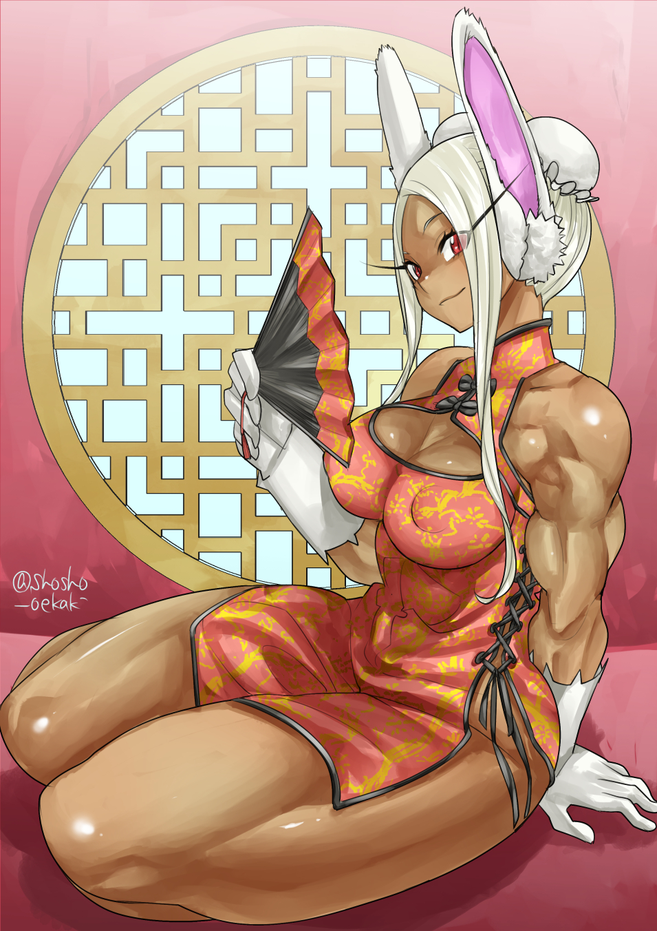 bunny ears, chinese clothes, dark skin, dark-skinned female, female, looking at viewer, miruko, muscular, muscular female, my hero academia, nipple bulge, rumi usagiyama, shosho oekaki, solo, thick thighs, white hair