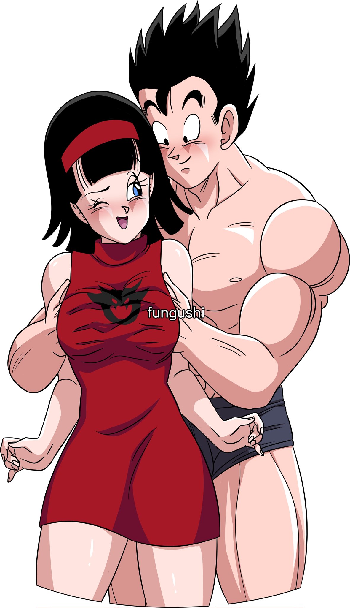 1boy 1girls breast_grab breasts canon_couple dragon_ball dragon_ball_super fully_clothed fungushi groping groping_from_behind hands_under_clothes huge_breasts milf shounen_jump sideboob son_gohan videl videl_(dragon_ball_super)