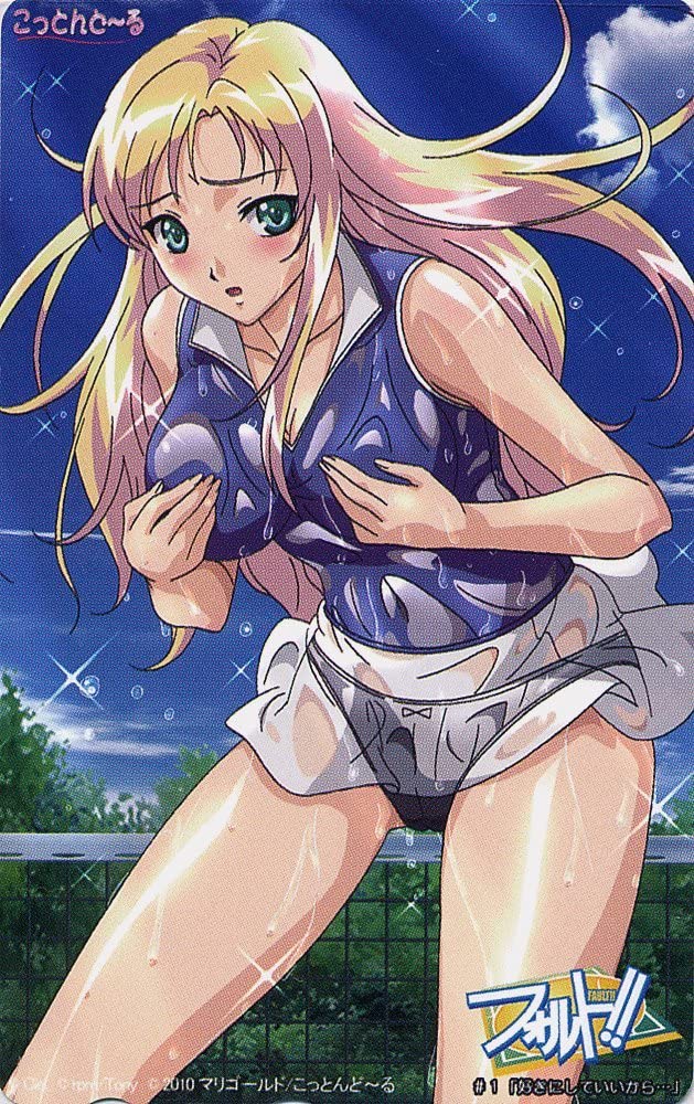 1girls big_breasts black_panties blonde_hair blush breasts cleavage covered_navel covering_breasts date_wingfield_reiko embarrassed fault!! female female_only green_eyes large_breasts long_hair official_art skirt sleeveless_shirt wet wet_clothes