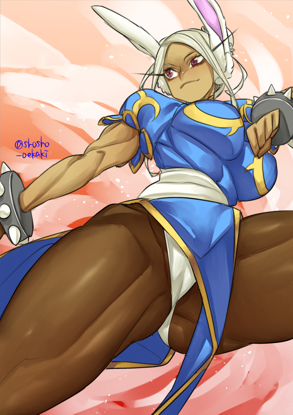 alternate costume, animal ears, bunny ears, chun-li (cosplay), cosplay, crossover cosplay, dark skin, dark-skinned female, female, large thighs, miruko, muscular, muscular female, my hero academia, pussy, pussy visible through clothes, rabbit ears, rumi usagiyama, shosho oekaki, spiked bracelet, spiked bracelets, street fighter, white hair, white panties