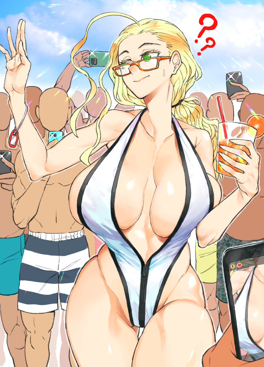 blonde_hair breasts cellphone crowd crowd_taking_pictures curvy female green_eyes hair_pulled_back highleg highleg_swimsuit highres huge_breasts low_ponytail one-piece_swimsuit original phone red-framed_eyewear smartphone solo_focus sudeni_sokurou swimsuit taking_picture waving