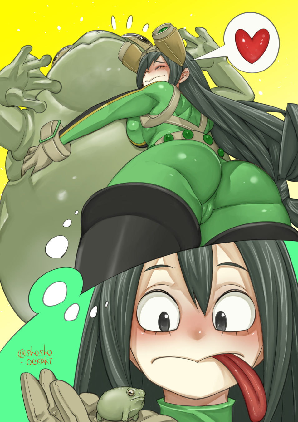 1girls, ass, bodysuit, cameltoe, cute, fantasizing, female, female focus, female human, frog, from below, hero outfit (mha), hug, hugging, human, long tongue, my hero academia, plump ass, pussy, shosho oekaki, solo, solo female, superhero costume, superheroine, teenager, thick thighs, tight clothing, tsuyu asui, wholesome