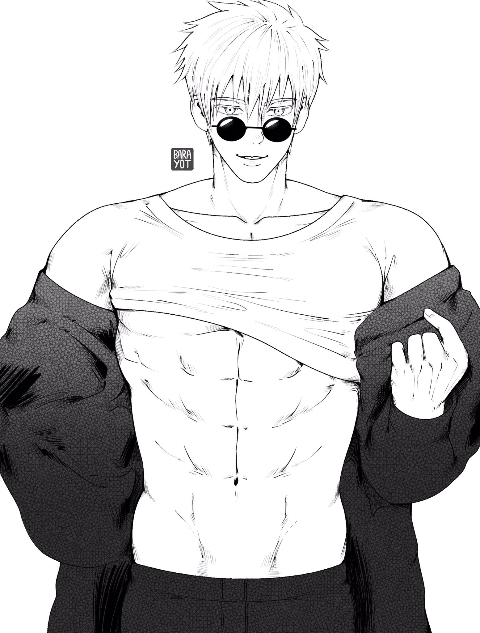 abs, barayot, come here, gay, gay male, jujutsu kaisen, looking over eyewear, looking over glasses, looking over sunglasses, male, male only, satoru gojo, sunglasses, tinted eyewear, yaoi