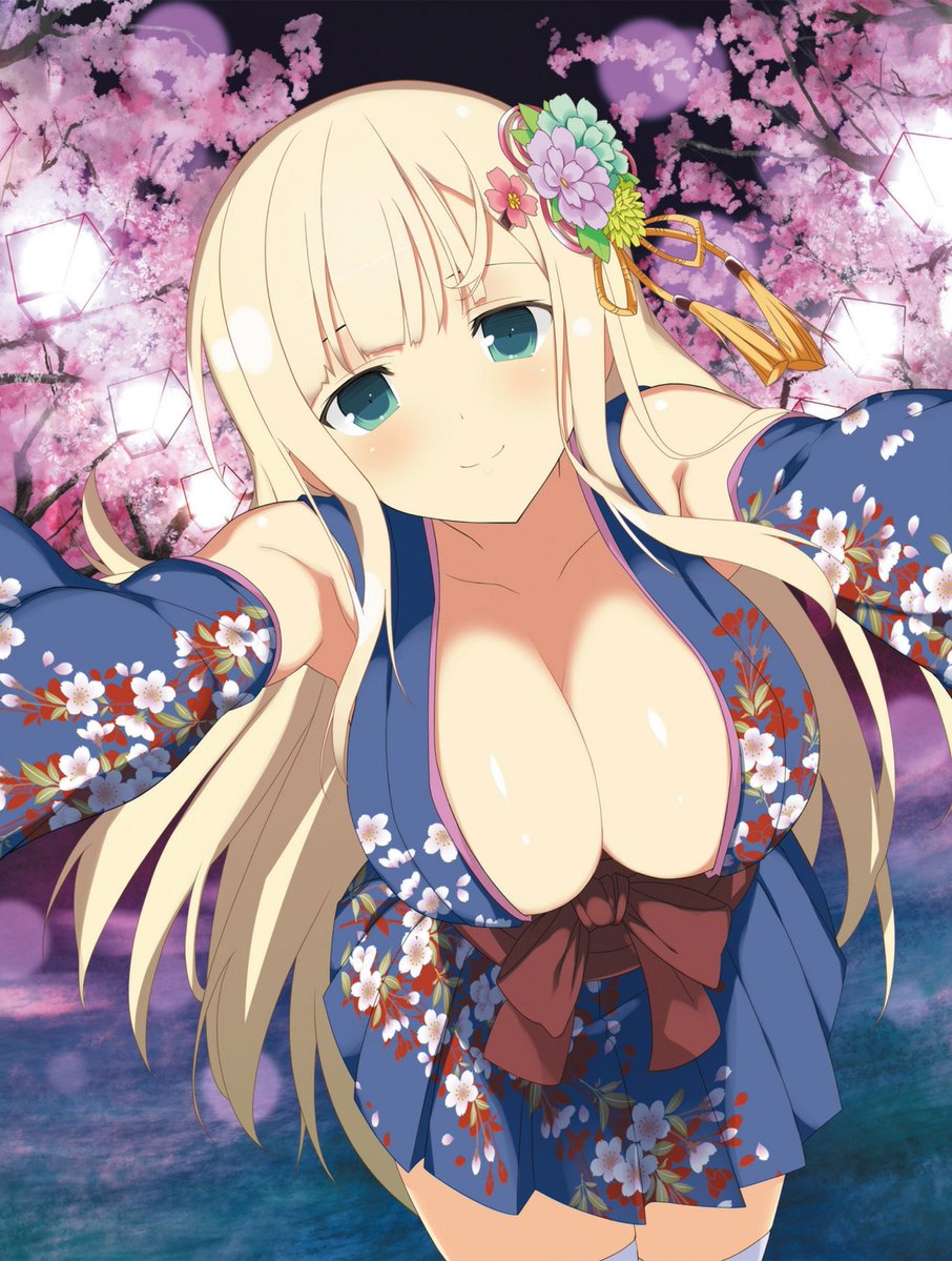 1girls, aqua eyes, armpits, bare shoulders, blonde hair, breasts, cleavage, close up, female, hair ornament, japanese clothes, kimono, large breasts, long hair, looking at viewer, miniskirt, night, revealing clothes, senran kagura, skirt, smile, solo, thick thighs, thighhighs, thighs, yaegashi nan, yomi (senran kagura)