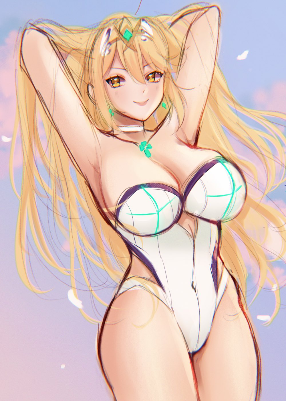 1girls 2021 armpit_crease armpits arms_behind_head big_breasts blonde_hair breasts chest_jewel choker cleavage collarbone core_crystal ear_piercing ear_ring earrings feathers female female_focus female_only glowing goddess golden_eyes hair hair_feathers hair_ornament hair_ribbon highres hikari_(xenoblade_2) huge_breasts jewelry large_breasts lips long_hair looking_at_viewer messy_hair mythra one-piece_swimsuit simple_background small_nose smile smiling smiling_at_viewer smooth_skin solo solo_focus standing swimsuit thick_thighs thigh_strap thighs tiara very_long_hair white_swimsuit xenoblade_(series) xenoblade_chronicles_2 yellow_eyes yellow_hair