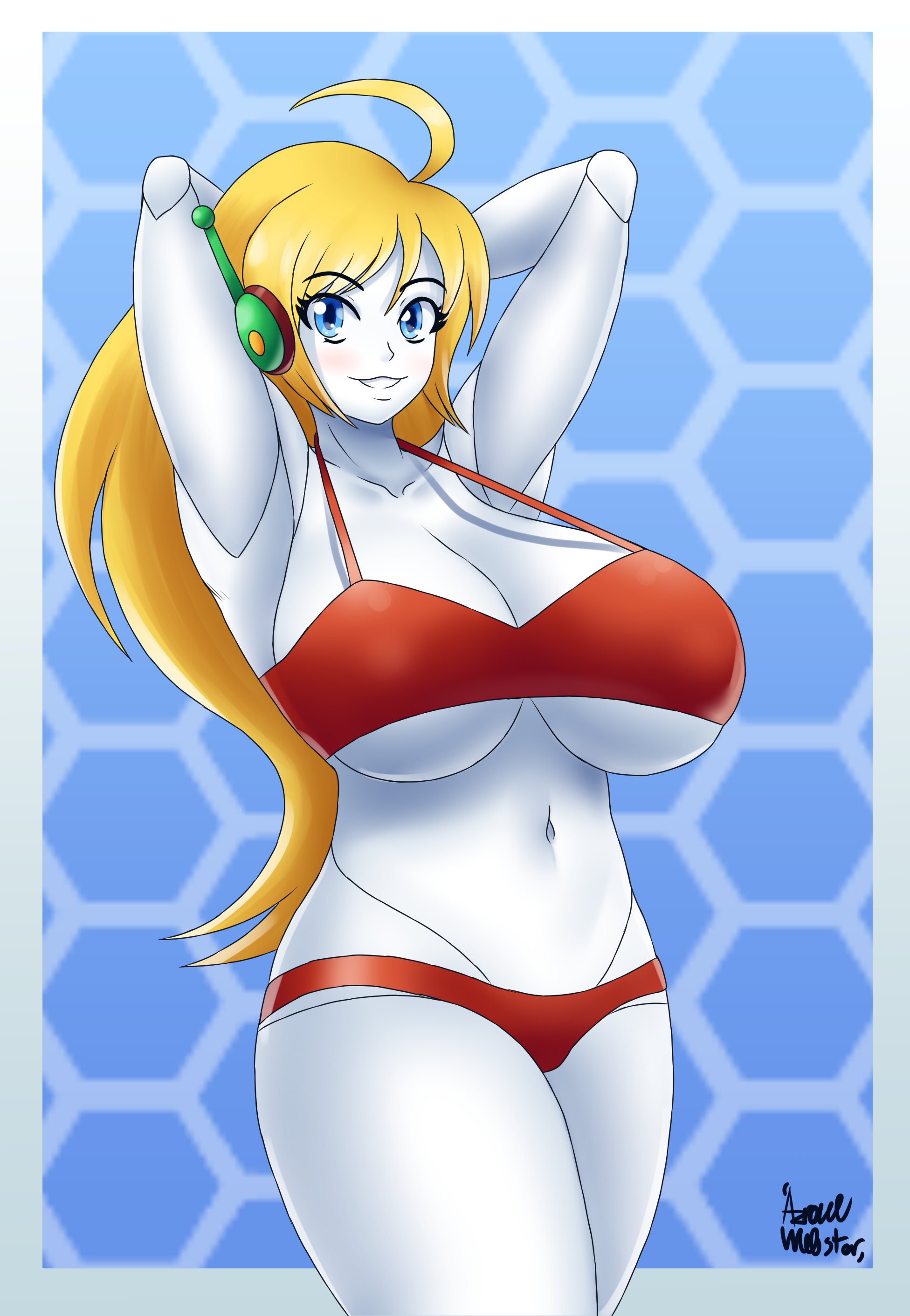 1girls, ahoge, android, armpits, arms behind head, arms up, artist signature, azraelwebster, bare shoulders, belly, belly button, big breasts, blonde hair, blue eyes, blush, blushing, bra, breasts, cave story, cleavage, clothed, clothes, clothing, collarbone, curly brace, eyebrows, eyebrows visible through hair, eyelashes, female, female only, hair, hands behind head, hips, huge breasts, humanoid, large breasts, lingerie, long hair, looking at viewer, navel, panties, pose, posing, red bra, red panties, robot, robot ears, robot girl, robot humanoid, simple background, smile, smiling, smiling at viewer, solo, solo female, standing, tagme, teeth, thick, thick thighs, thighs, topwear, underwear, white body, white skin, wide hips