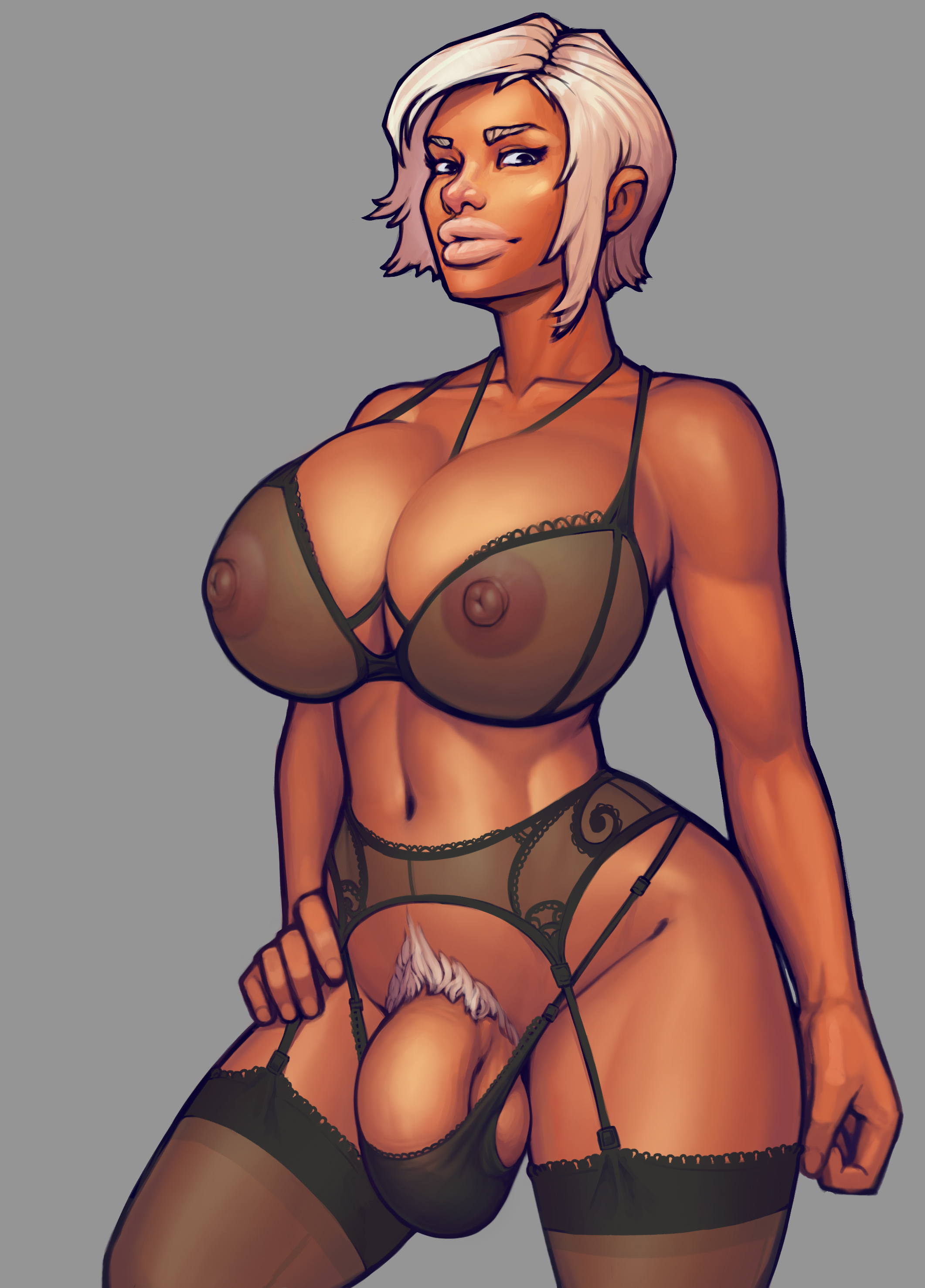 1futa, areolae, balls, big breasts, big penis, boobsgames, breasts, bulge, clothed, clothing, dark skin, dark-skinned futa, flaccid, functionally nude, futa only, futanari, garter belt, human, intersex, jaina (warlock and boobs), lingerie, mostly nude, penis, penis in panties, pubic hair, see-through, see-through bra, short hair, solo, standing, thighhighs, warlock and boobs, white hair, white pubic hair