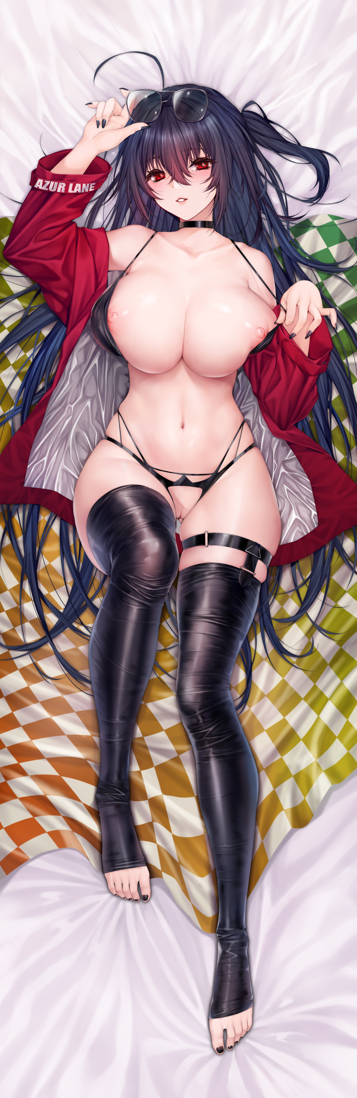 azur_lane black_hair black_legwear breasts female glasses glasses_on_head large_breasts legs long_hair looking_at_viewer lying lying_on_back moehime nail_polish obiwan pussy red_eyes solo taihou_(azur_lane) toeless_legwear xin_(moehime)