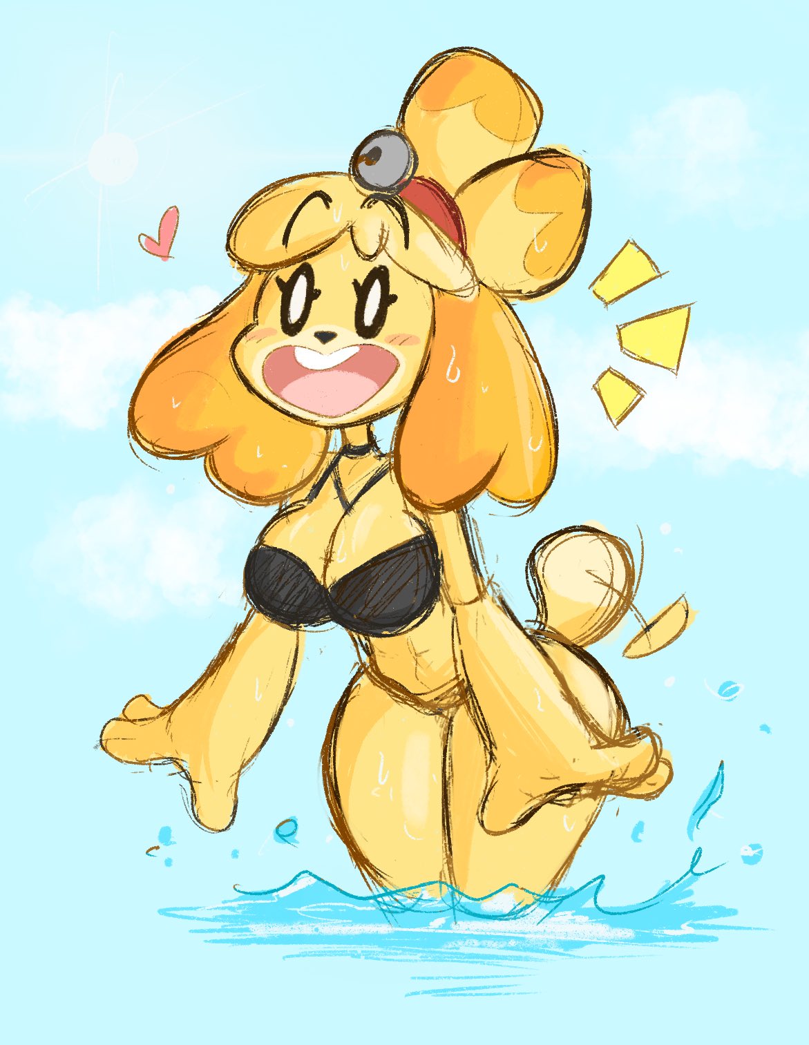 2021, animal crossing, anthro, beach, big breasts, bikini, blush, breasts, canid, canine, canis, cleavage, clothing, female, fur, furry, furry only, heart, isabelle (animal crossing), kilinah, nintendo, partially submerged, solo, swimsuit, swimwear, tail, thick thighs, thighs, wide hips