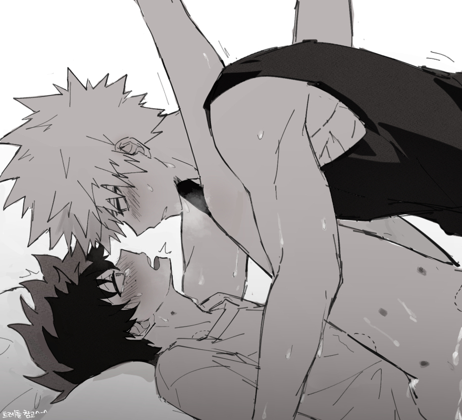 2boys, bangs, bite mark, blush, boy on top, closed eyes, coi mha, commentary, eye contact, from side, greyscale, izuku midoriya, katsuki bakugou, legs up, looking at another, male, male focus, monochrome, multiple boys, multiple males, my hero academia, open mouth, parted lips, sex, shirt, short hair, simple background, spiked hair, spiky hair, sweat, tank top, tearing up, yaoi