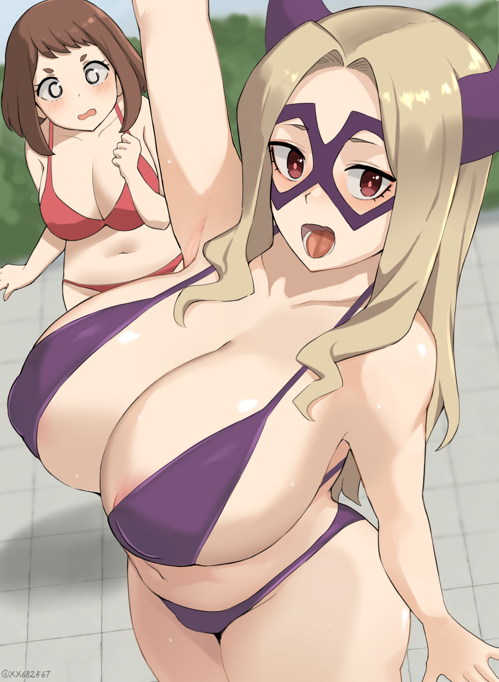 2girls bikini blonde_hair brown_hair cleavage eye_mask huge_breasts large_breasts long_hair mount_lady multiple_girls my_hero_academia navel ochako_uraraka plump short_hair size_difference thick venus_body xx682567 yuu_takeyama