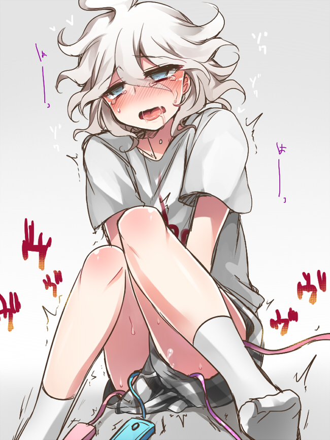 1boy bangs blush clothing commentary_request danganronpa danganronpa_(series) danganronpa_2:_goodbye_despair gradient gradient_background grey_background grey_eyes grey_hair hair_between_eyes hoshihuri implied_anal knees_up male_only male_underwear medium_hair messy_hair nagito_komaeda no_jacket no_pants no_shoes open_mouth orgasm plaid print_shirt saliva sex_toy shirt sitting socks solo straight_hair tears tongue tongue_out translation_request trembling underwear vibrator vibrator_cord white_legwear white_shirt