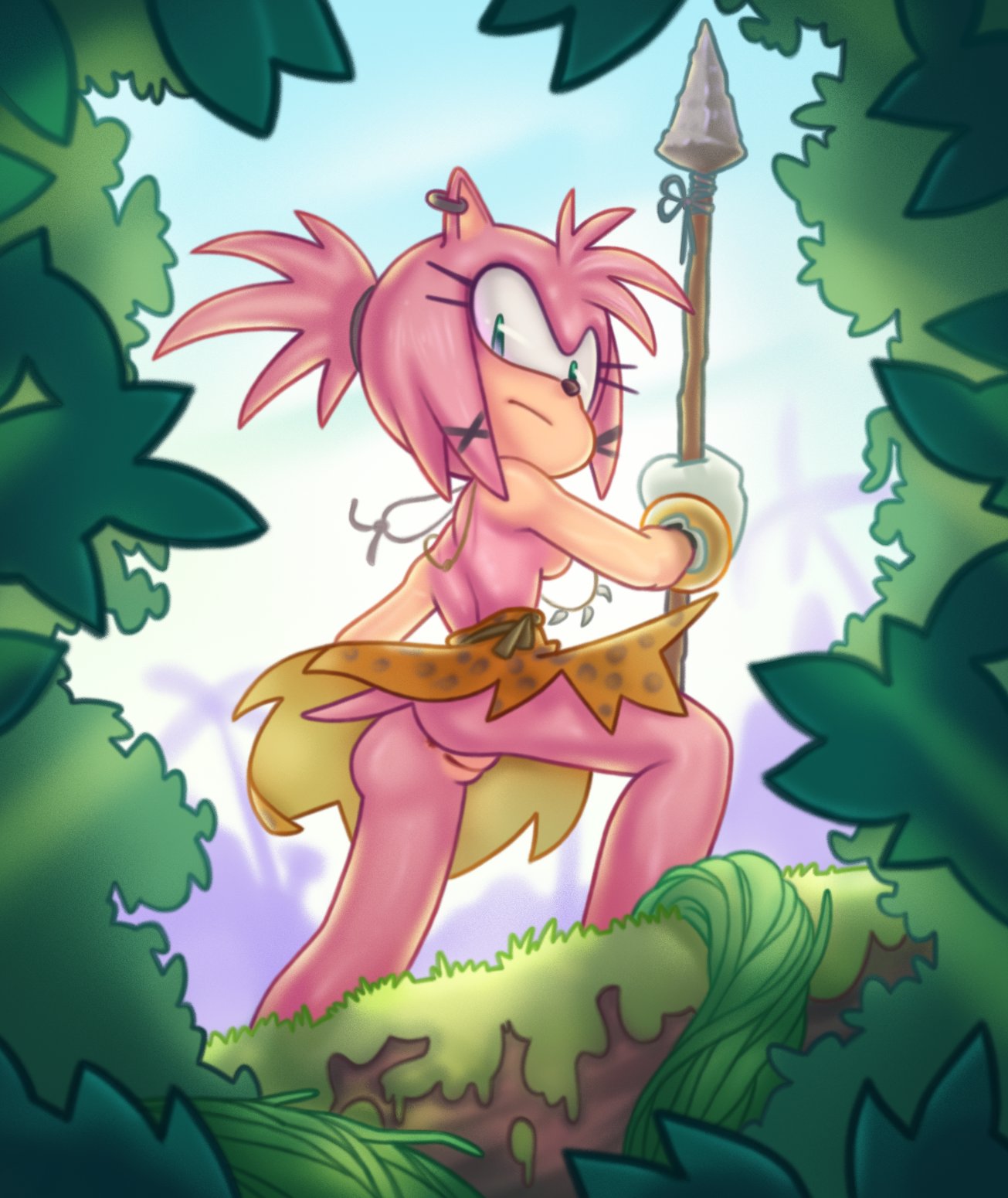 amy_rose anthro aoncyth bottomwear clothed clothing ear_piercing ear_ring eulipotyphlan female gloves green_eyes hair handwear hedgehog hi_res jewelry looking_at_viewer looking_back looking_back_at_viewer mammal necklace no_underwear partially_clothed piercing pink_body pink_hair sega skirt solo sonic_(series) sonic_prime thorn_rose topless