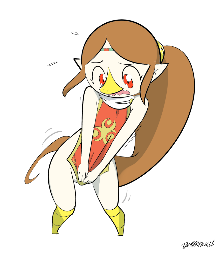 1girls bottomless bottomless_loincloth covering covering_crotch dangerking11 dress embarrassed embarrassed_nude_female enf female female_only hips loincloth loincloth_lift medli the_legend_of_zelda wardrobe_malfunction wide_hips