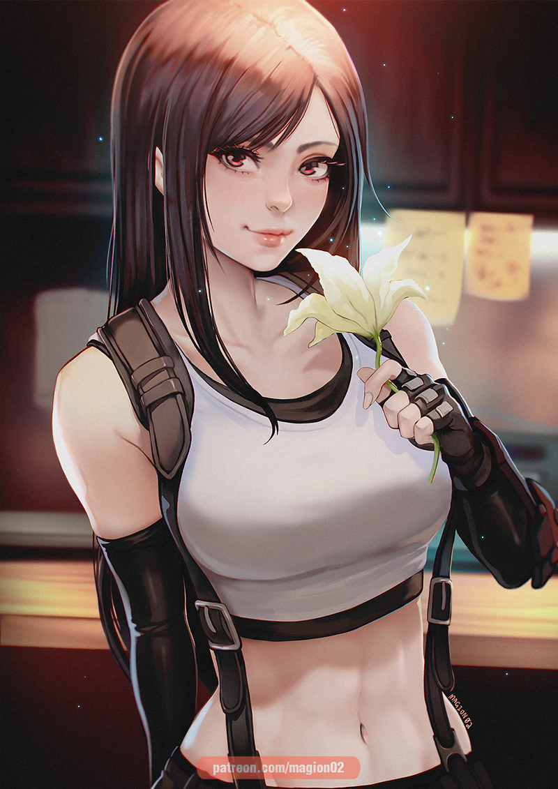 1girls black_hair clothed cute female final_fantasy final_fantasy_vii final_fantasy_vii_remake flower gloves lips long_hair magion02 navel red_eyes smile solo solo_female solo_focus suspenders tifa_lockhart