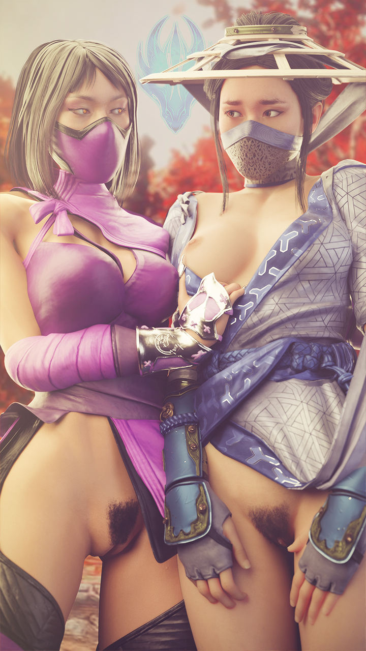 2girls 3d athletic_female big_breasts black_hair blue_clothing boob_window clone edenian exposed_pussy face_covered female_only fit hat its-gergless kimono kitana kitana_(endless_summer) kiteena looking_at_another mask mileena monster_girl mortal_kombat mortal_kombat_11 ninja partially_clothed pink_clothing pubic_hair revealing_clothes shy sisters stripping suggestive summer teasing thick_thighs vagina