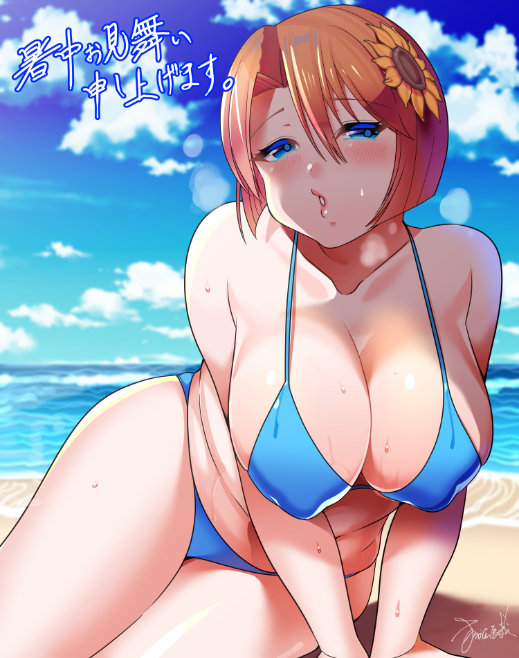 beach big_breasts bikini blue_eyes chargeman_ken! nagisa-sensei orange_hair short_hair tagme