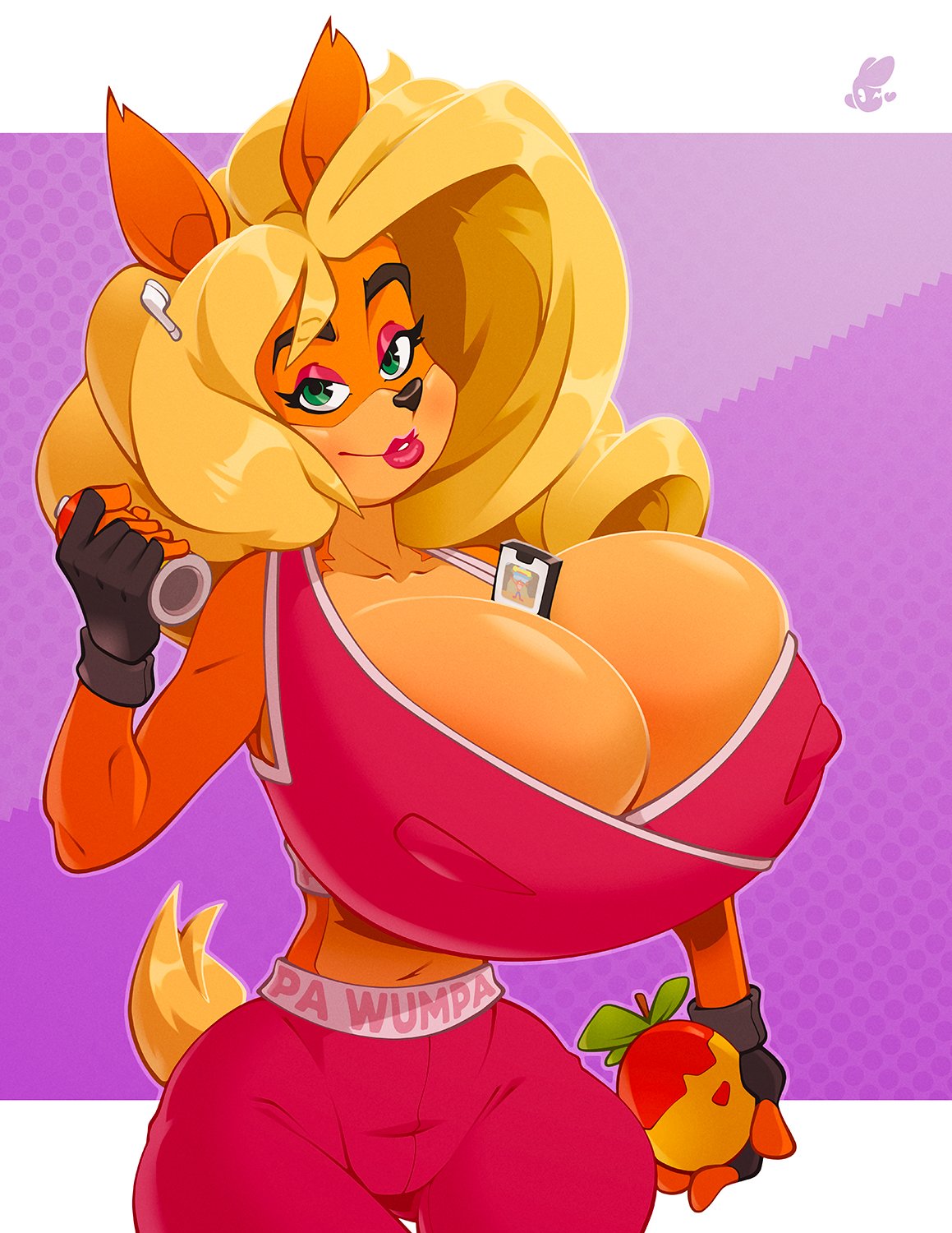 1girls airpods anthro between_breasts blonde_hair cleavage crash_(series) doppledadko female fingerless_gloves fur furry green_eyes large_breasts long_blonde_hair long_hair looking_at_viewer phone_in_breasts phone_ringing soda_can tail tawna_bandicoot thick_thighs wide_hips workout_clothes wumpa_fruit