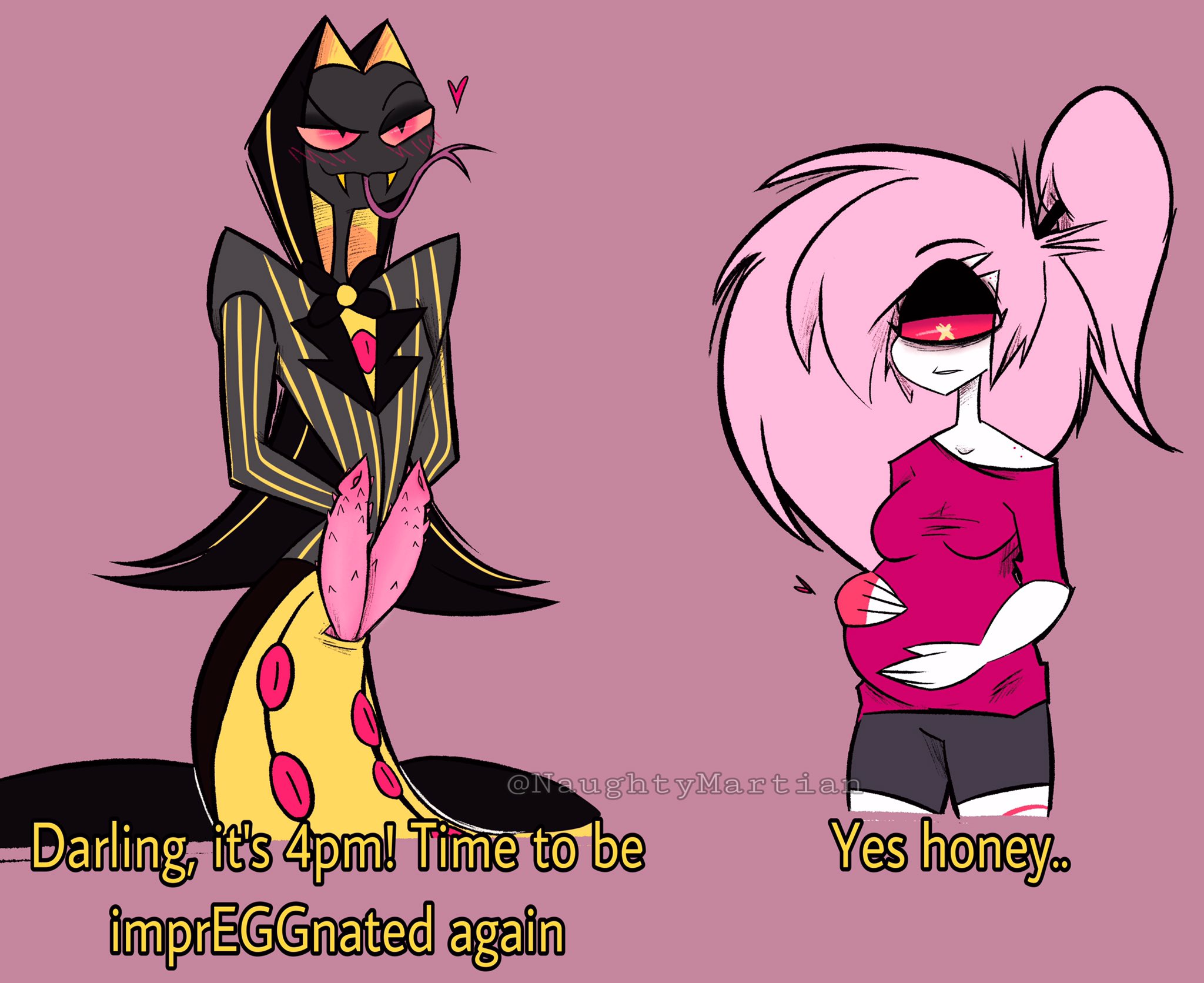 anthro, black body, blush, breasts, cherri bomb, clothed, clothing, cyclops, demon, diphallia, diphallism, female, funny, genitals, hair, hazbin hotel, humanoid, male, meme, multi genitalia, multi penis, multicolored body, partially clothed, penis, pregnant, reptile, simple background, sir pentious, smile, snake, text, tongue, tongue out, wayward martian, white body