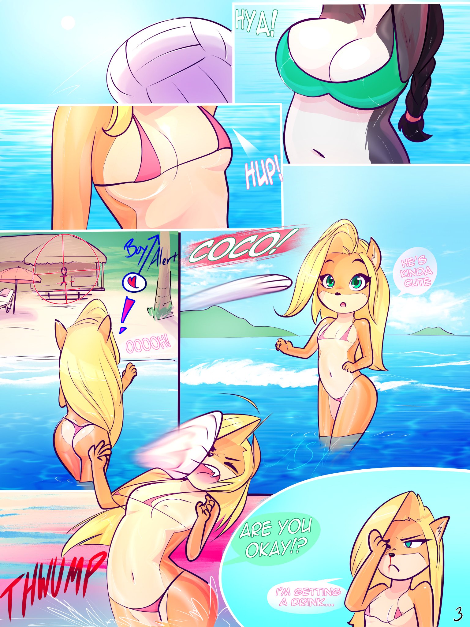 2girls, anthro, applespicex, ass, beach, bikini, bikini bottom, bikini top, breasts, coco bandicoot, comic, comic page, crash (series), female, furry, petite, volleyball, yaya panda