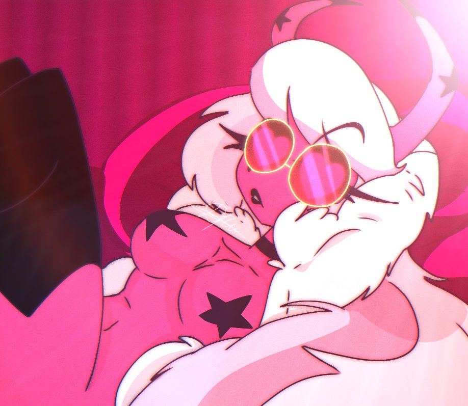 accurate art style, breasts, demon, female, female only, glasses, hair, helluva boss, horns, humanoid, kkcq20yk0db5mak, open mouth, partially clothed, pink body, simple background, solo, succubus, tape, teeth, verosika mayday (helluva boss), white hair
