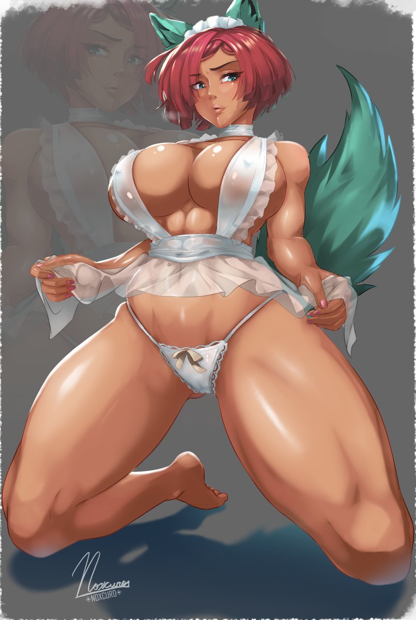 arc_system_works barefoot bob_cut breasts cameltoe choker cleavage dark-skinned_female dark_skin dress_lift feet giovanna_(guilty_gear) green_eyes grey_background guilty_gear guilty_gear_strive hourglass_figure huge_breasts kneeling lingerie maid maid_headdress muscular muscular_female nail_polish navel nox_(artist) noxcuro panties pink_nails pinup pose red_hair rei_(guilty_gear) see-through_clothing shiny_skin short_hair simple_background sweat sweatdrop thick_thighs thighs white_lingerie white_panties