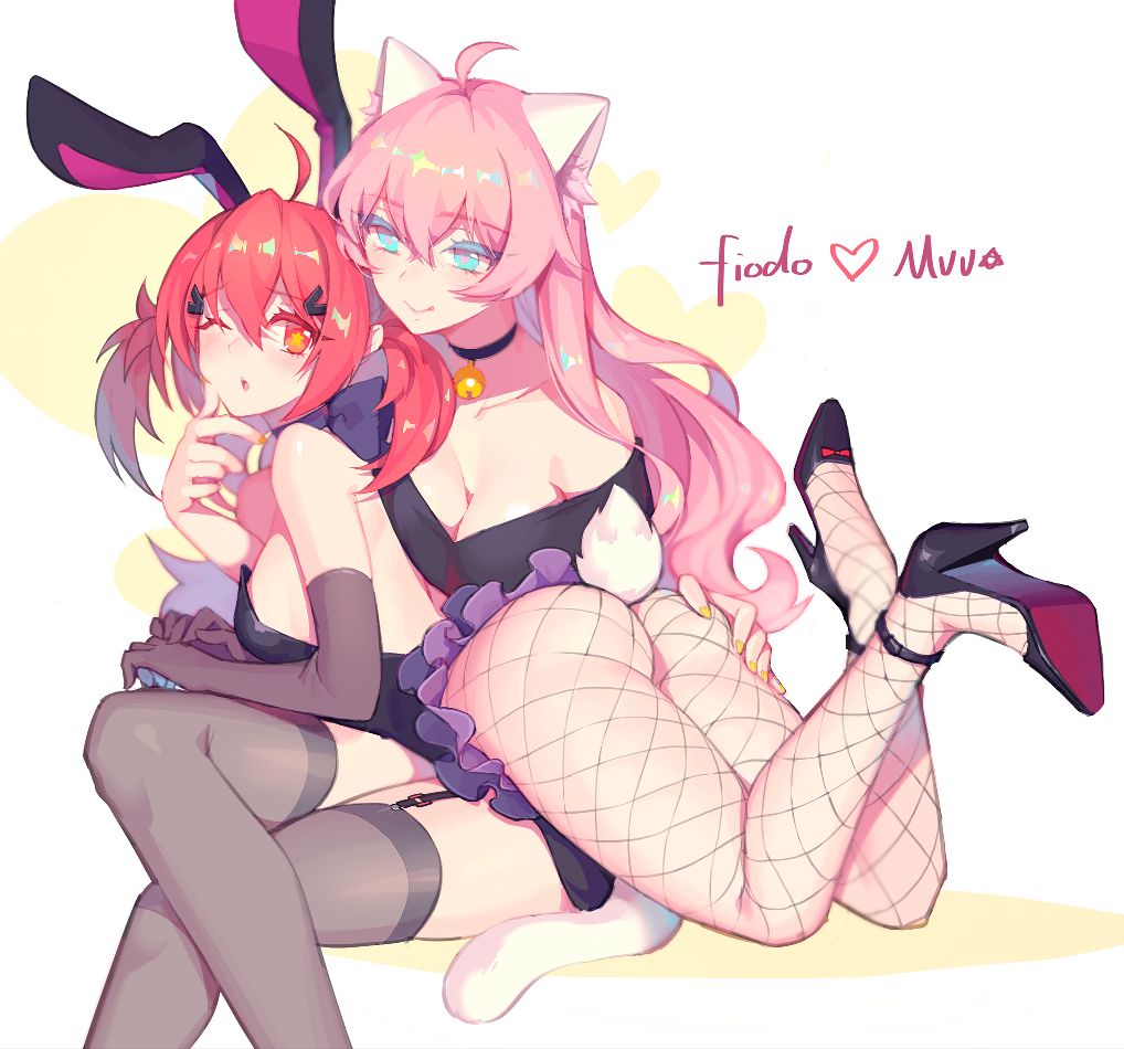 2girls ass ass_grab bunny_girl bunny_tail bunnysuit fiodo fishnets multiple_girls original