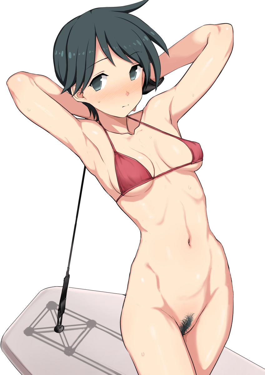 armpits arms_up bikini black_hair blush bottomless cowboy_shot dark_hair female female_only grey_eyes kantai_collection kumadano looking_at_viewer mogami_(kantai_collection) pubic_hair red_bikini short_hair small_breasts solo sweatdrop swimsuit very_short_hair