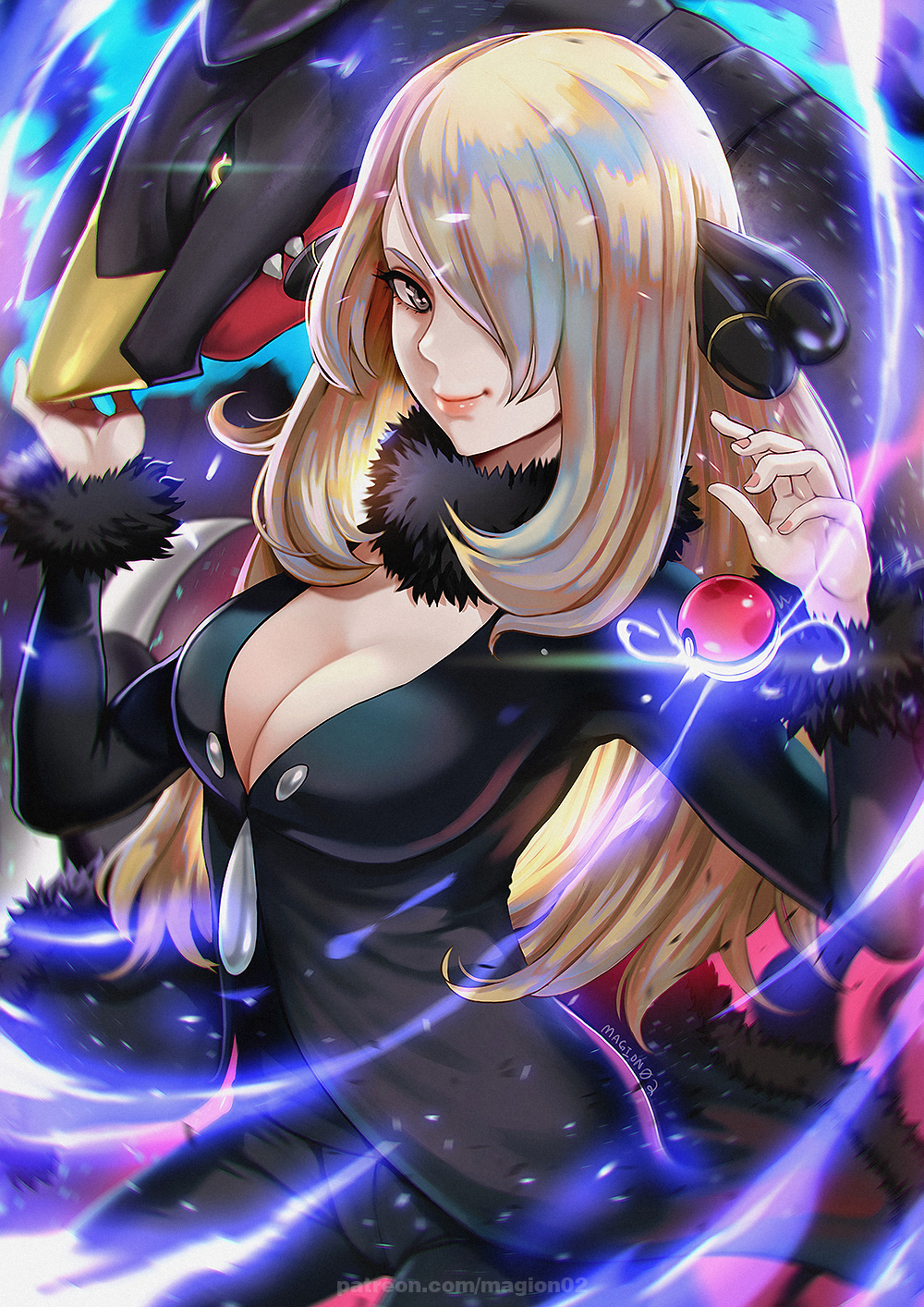 blonde hair, breasts, cleavage, cynthia (pokemon), female, hair ornament, hair over one eye, long hair, magion02, nintendo, poke ball, pokeball, pokemon, pokemon dppt, smile