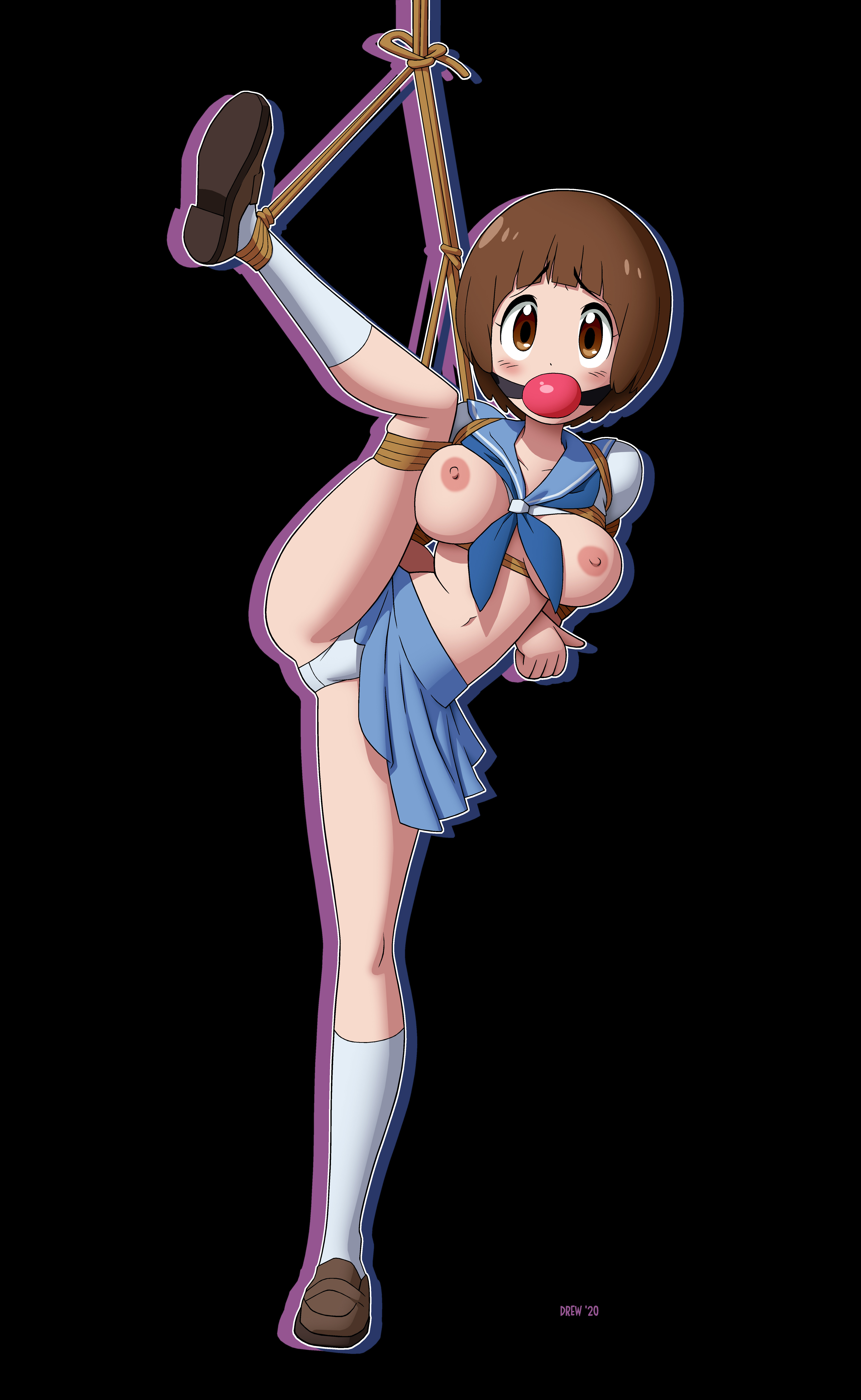 arms behind back, ball gag, bondage, breasts, breasts out, brown eyes, brown hair, drew gardner, female, gag, gagged, kill la kill, mankanshoku mako, nipples, nude, panties, rope, school uniform, schoolgirl, shirt, shoes, socks, studio trigger, suspension, topless