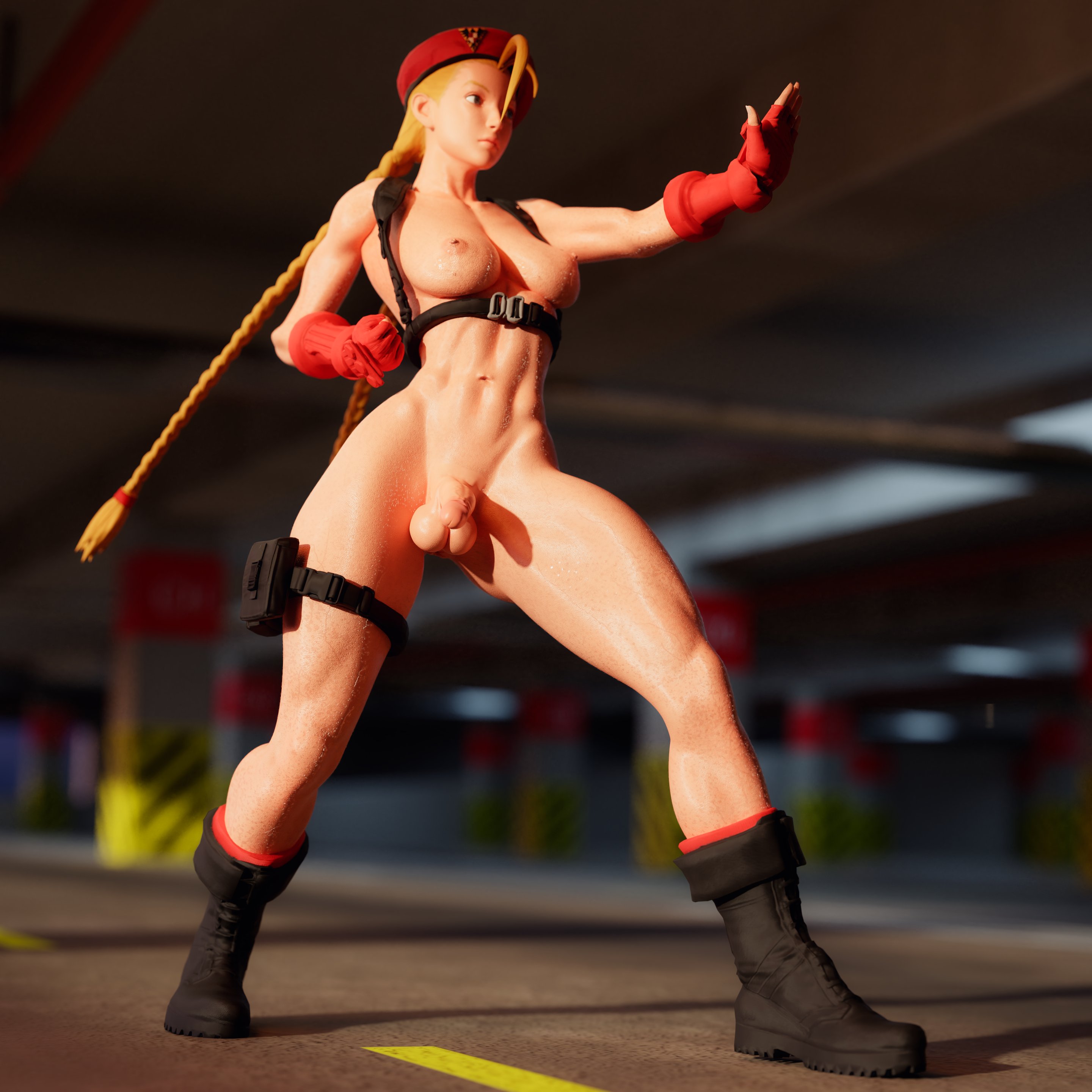 1futa, 3d, areolae, balls, big breasts, blender, breasts, cammy white, casual, clothing, footwear, futa only, futanari, garean, half-erect, handwear, harness, human, intersex, large breasts, mostly nude, muscular, muscular futa, nipples, penis, small penis, solo, street fighter, tactical nudity, testicles