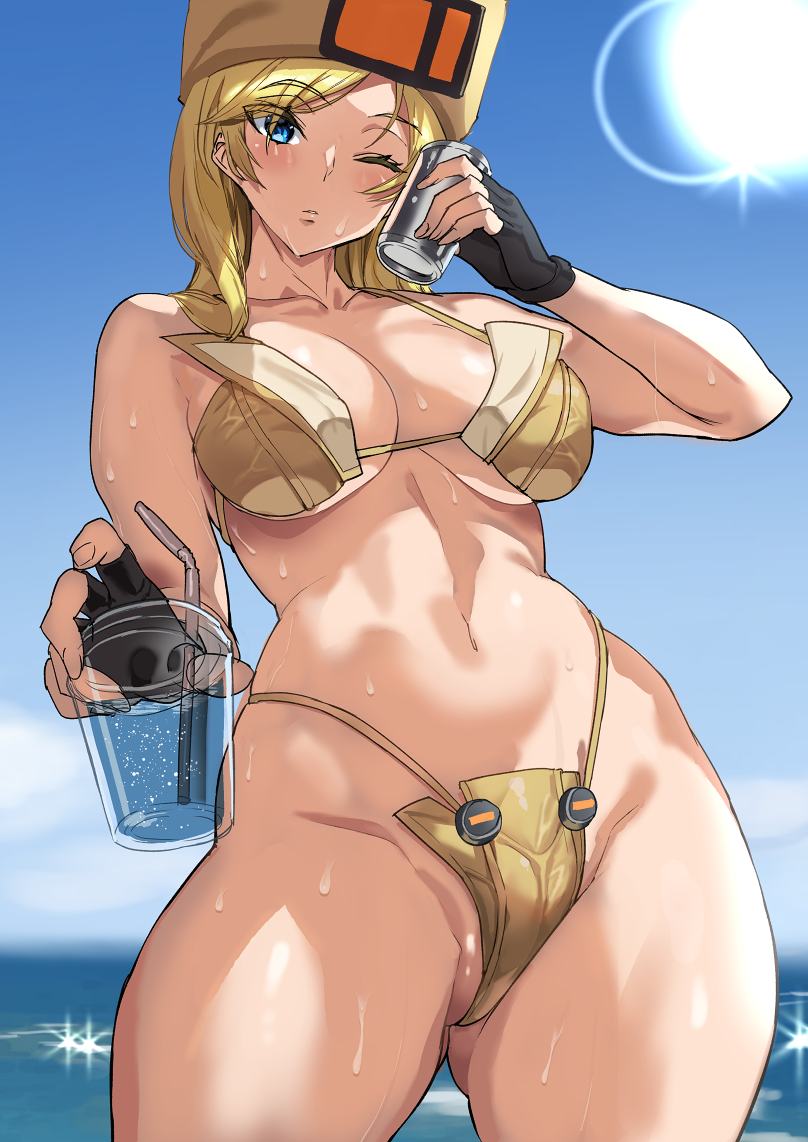 1girls ashiomi_masato beach bikini blonde_hair blue_eyes breasts female fingerless_gloves gloves guilty_gear hat looking_at_viewer millia_rage navel solo standing tagme thighs wet wink