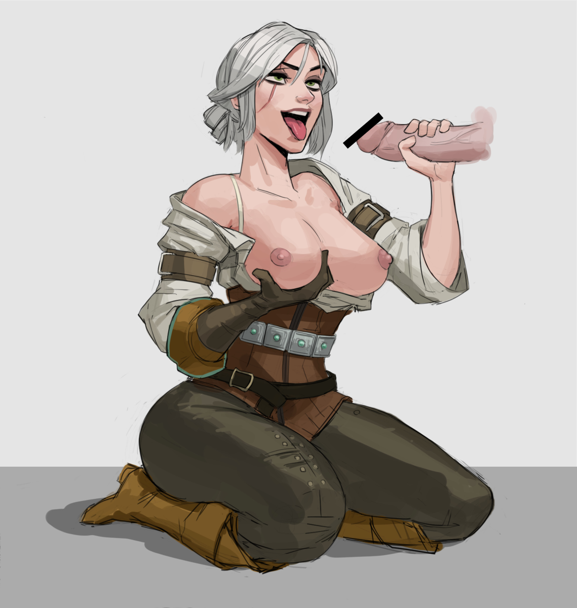 amugea, bar censor, breast grab, breasts, cd projekt red, censored, ciri, female, green eyes, handjob, hyung (artist), kneeling, male, nipples, open clothes, open mouth, open shirt, penis, scar, tagme, the witcher (series), the witcher 3: wild hunt, tongue, tongue out, white hair