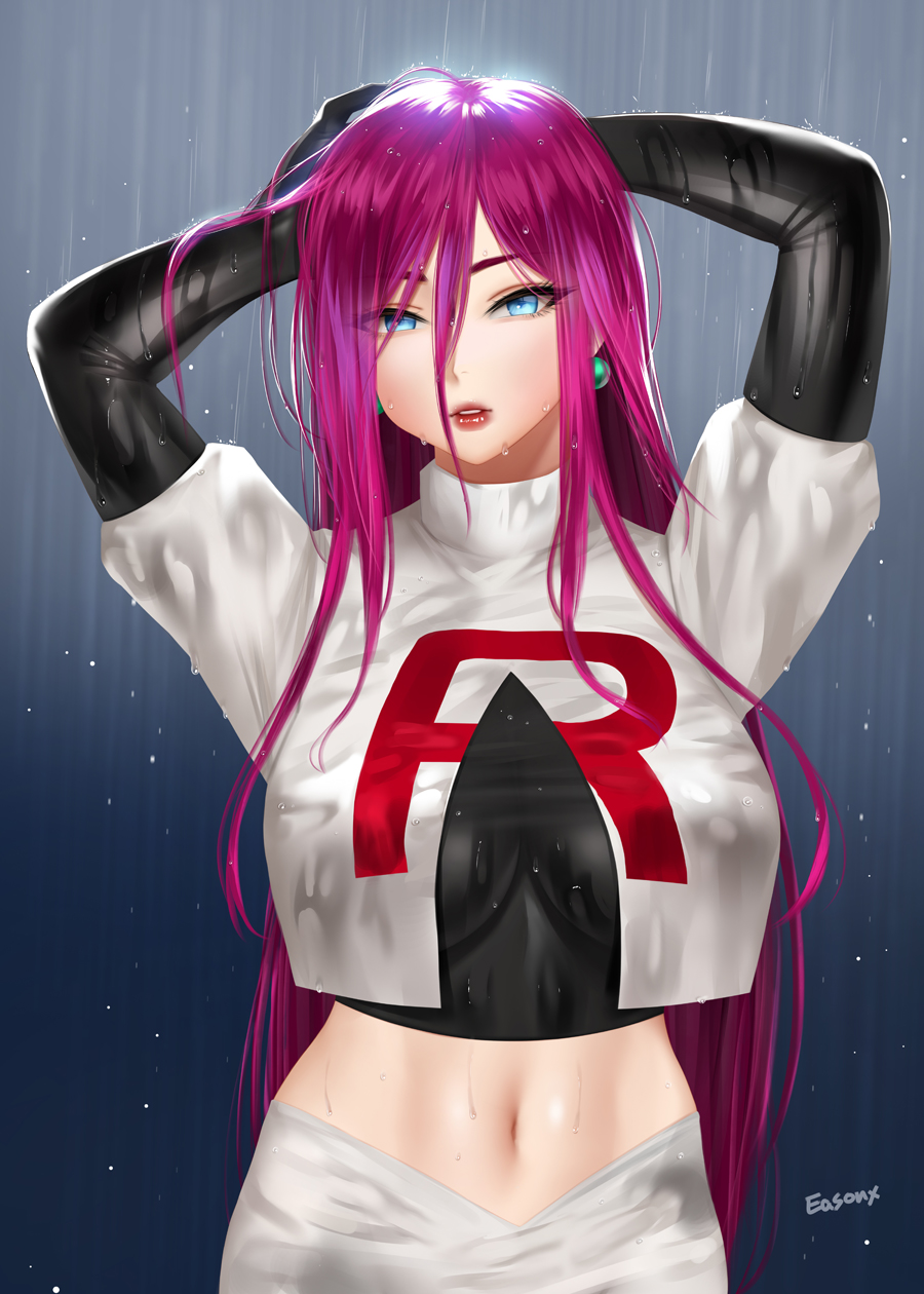 1girls, artist name, big breasts, blue eyes, breasts, earrings, easonx, female, female only, fully clothed, hair down, human, human only, jessie (pokemon), long hair, looking at viewer, mostly clothed, parted lips, pink hair, pokemon, pokemon rgby, rain, shiny skin, solo, team rocket, wet