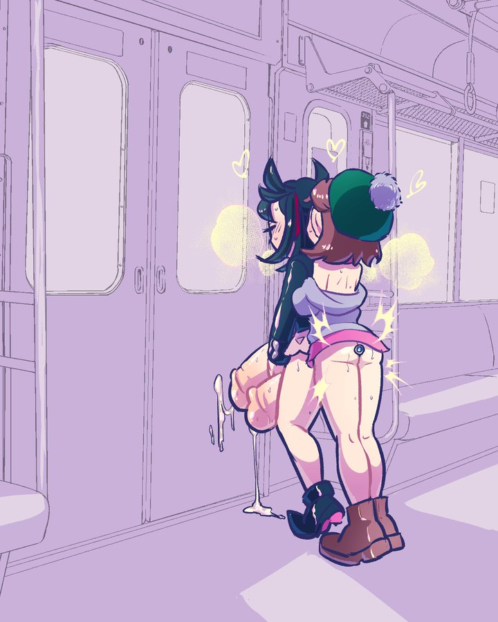 2futas, anal plug, black hair, boots, brown hair, buttplug, clothing, cum, footwear, from behind, functionally nude, futa on futa, futanari, gloria (pokemon), hat, heels, intersex, marnie (pokemon), motion lines, oyo, panting, penis, pokemon, pokemon ss, public, skirt, thighjob, train, train interior