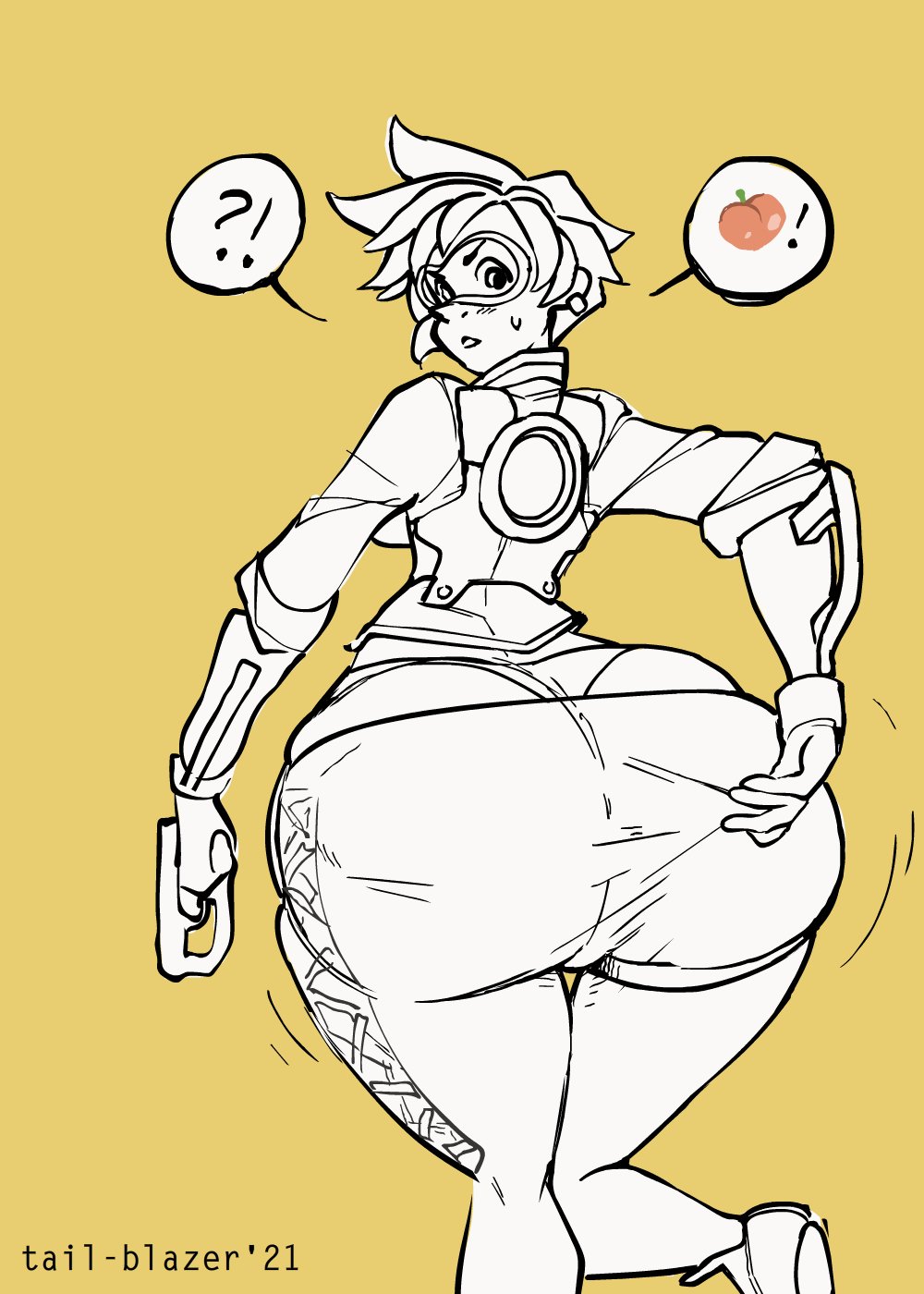 ?!, 2021, ass, ass cleavage, ass crack, big ass, blizzard entertainment, blush, bottom heavy, breasts, butt crack, clothing, eyebrows, female, female focus, female only, gloves, goggles, looking back, overwatch, panties, peach (fruit), short hair, sweat, tail-blazer, thighs, tracer, yellow background