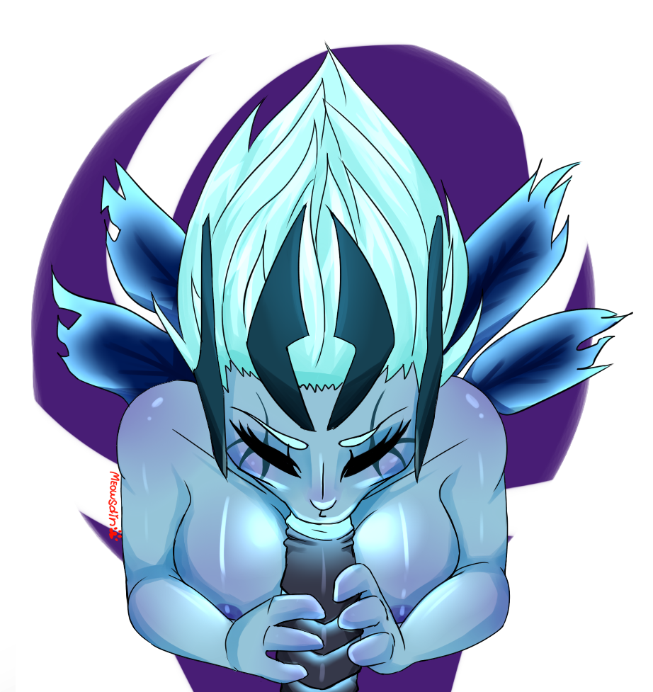 1boy 1girls blowjob blue_hair blue_skin breasts broken_wings closed_eyes dota_2 fellatio glowing glowing_hair meowsdin terrorblade vengeful_spirit wings