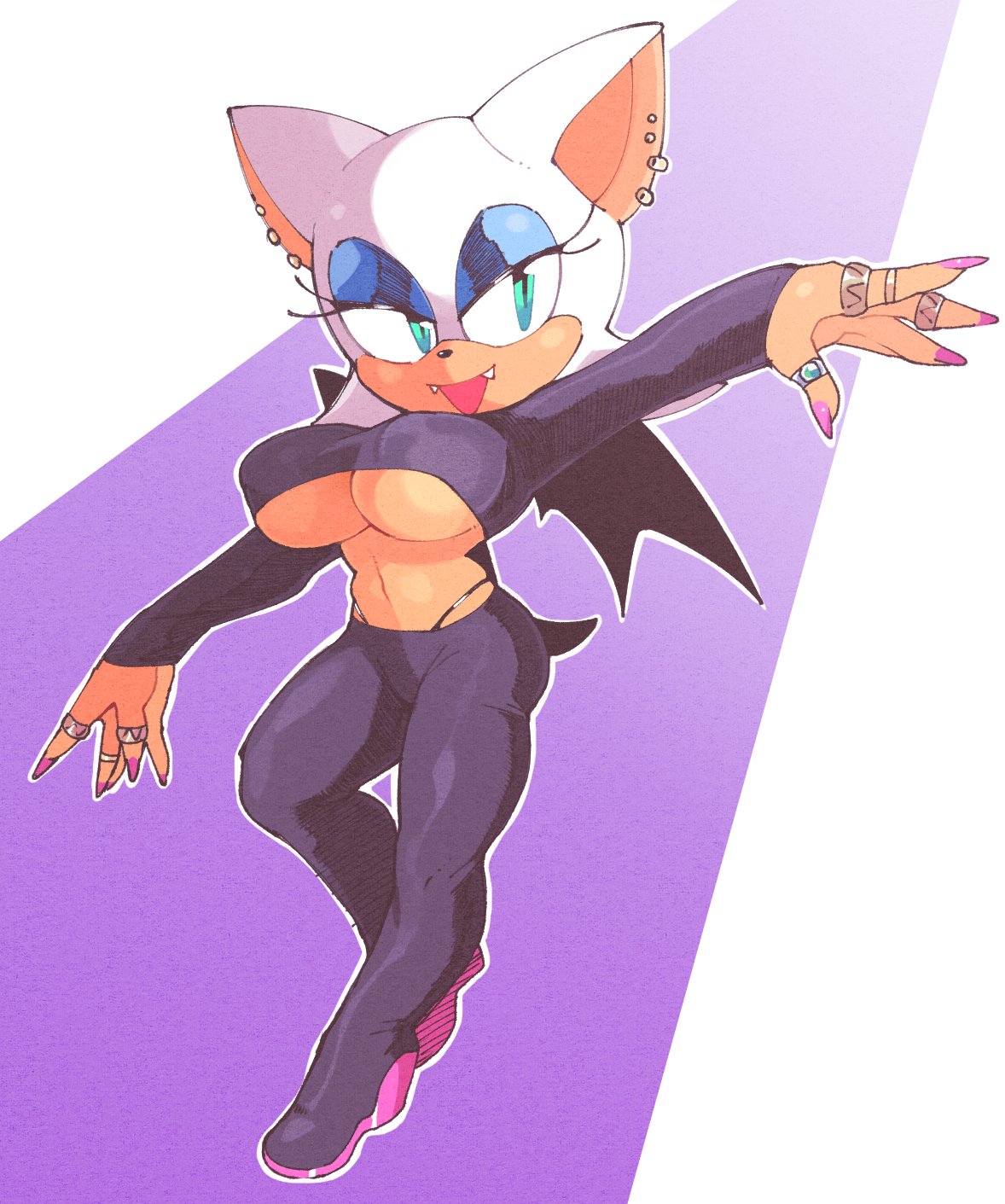 1girls, alternate costume, bat wings, big breasts, breasts, ear piercing, female, inkerton-kun, inkuusan, jewelry, piercing, rouge the bat, simple background, solo, sonic (series), underboob