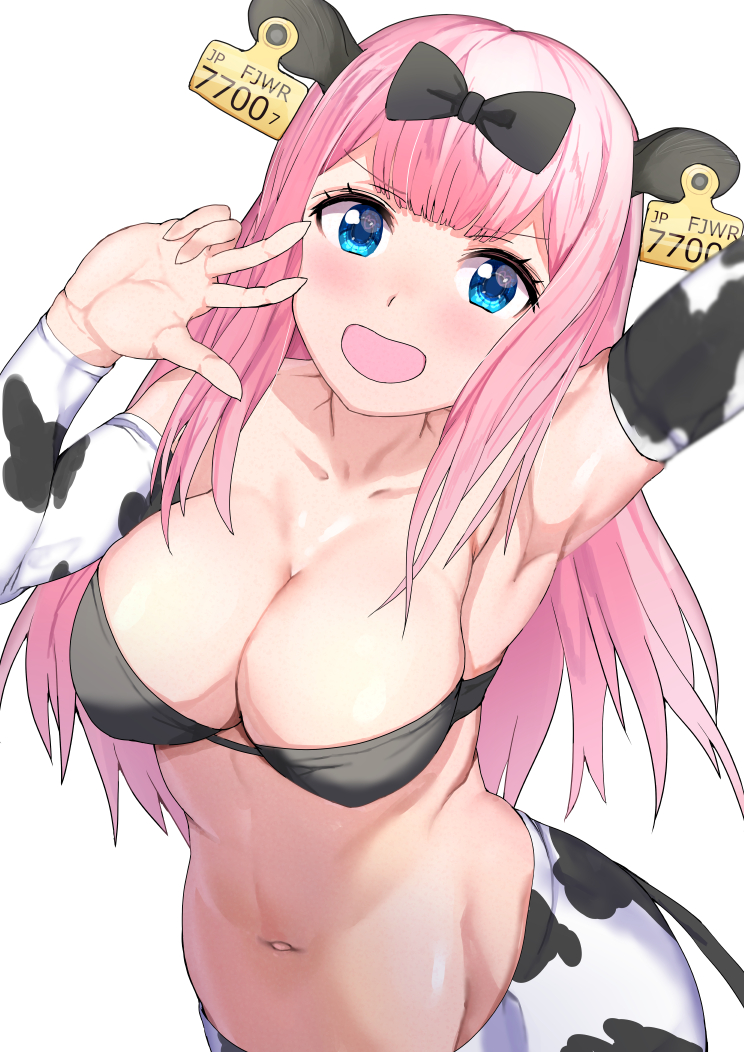 1girls, arm up, armpit, armwear, belly, belly button, big breasts, bikini, bikini top, blue eyes, bow, breasts, cleavage, cow ears, cow girl, cow print, cow print armwear, eyebrows visible through hair, eyelashes, female, female focus, female only, fujiwara chika, kaguya-sama wa kokurasetai ~tensai-tachi no renai zunousen~, looking at viewer, navel, open mouth, pants, peace sign, pink hair, simple background, skj 77o, solo, solo female, solo focus, strapless bikini, v, v sign, white background
