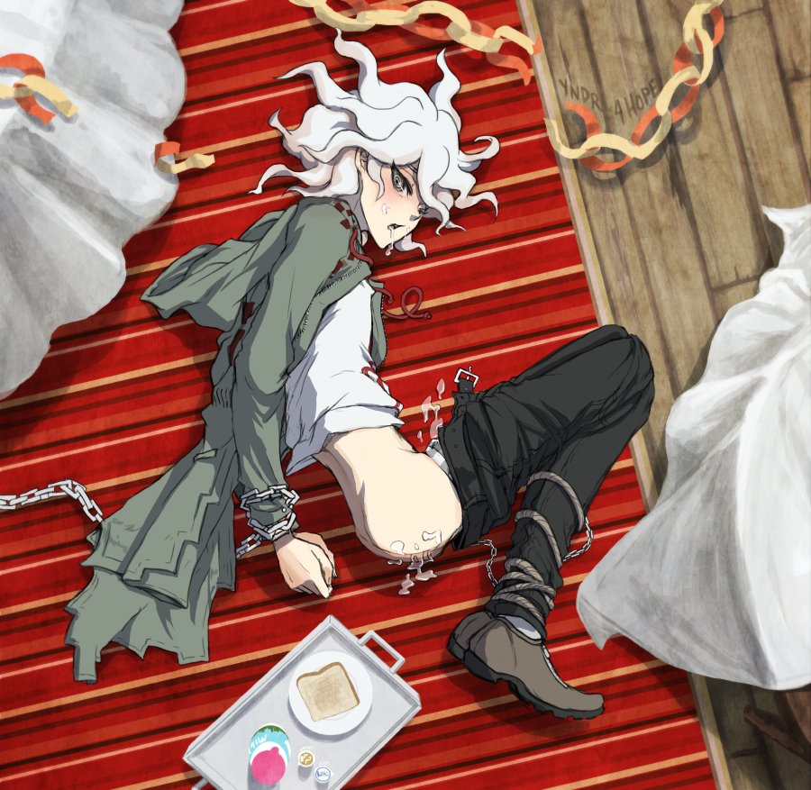 after sex, artist name, ass, bound, bound arms, chains, clothed, clothing, color, cum, cum in ass, cum inside, cum on face, danganronpa, danganronpa 2: goodbye despair, drooling, food, hands behind back, light skin, light-skinned male, looking at viewer, male, male focus, male only, nagito komaeda, on floor, on side, pants down, public, restrained, rope, solo, solo focus, solo male, straight hair, tied, tied up, white hair, yndr4hope