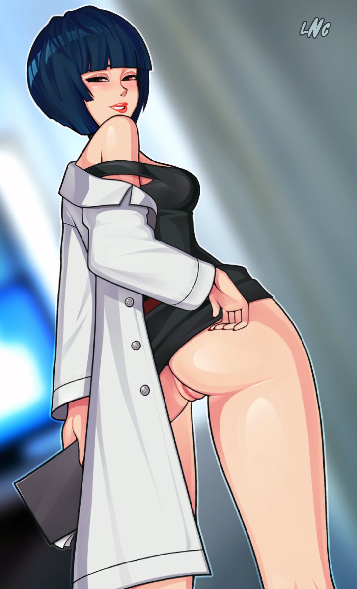 1girls, ass, bangs, big ass, biting lip, blue hair, bob cut, doctor, dress, female, female only, goth, half-closed eyes, labcoat, lipstick, loodncrood, looking back, no panties, off shoulder, persona, persona 5, pussy, red eyes, seductive, seductive look, short hair, smile, solo, tae takemi
