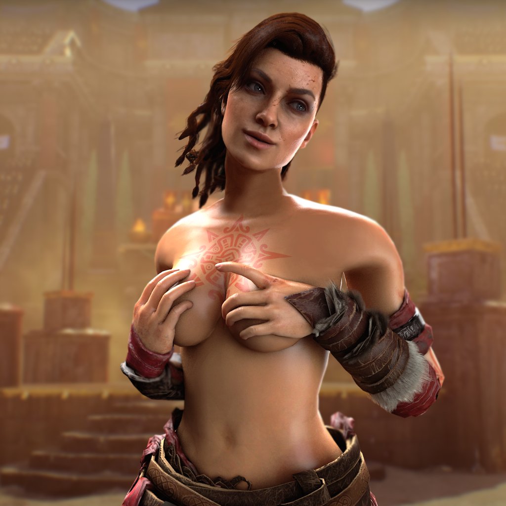 1girls 3d armwear blood_on_face breast_grab call_of_duty call_of_duty_black_ops_4 call_of_duty_zombies female female_only flickytuts half-dressed looking_away red_hair scarlett_rhodes smile solo solo_female tattoo topless