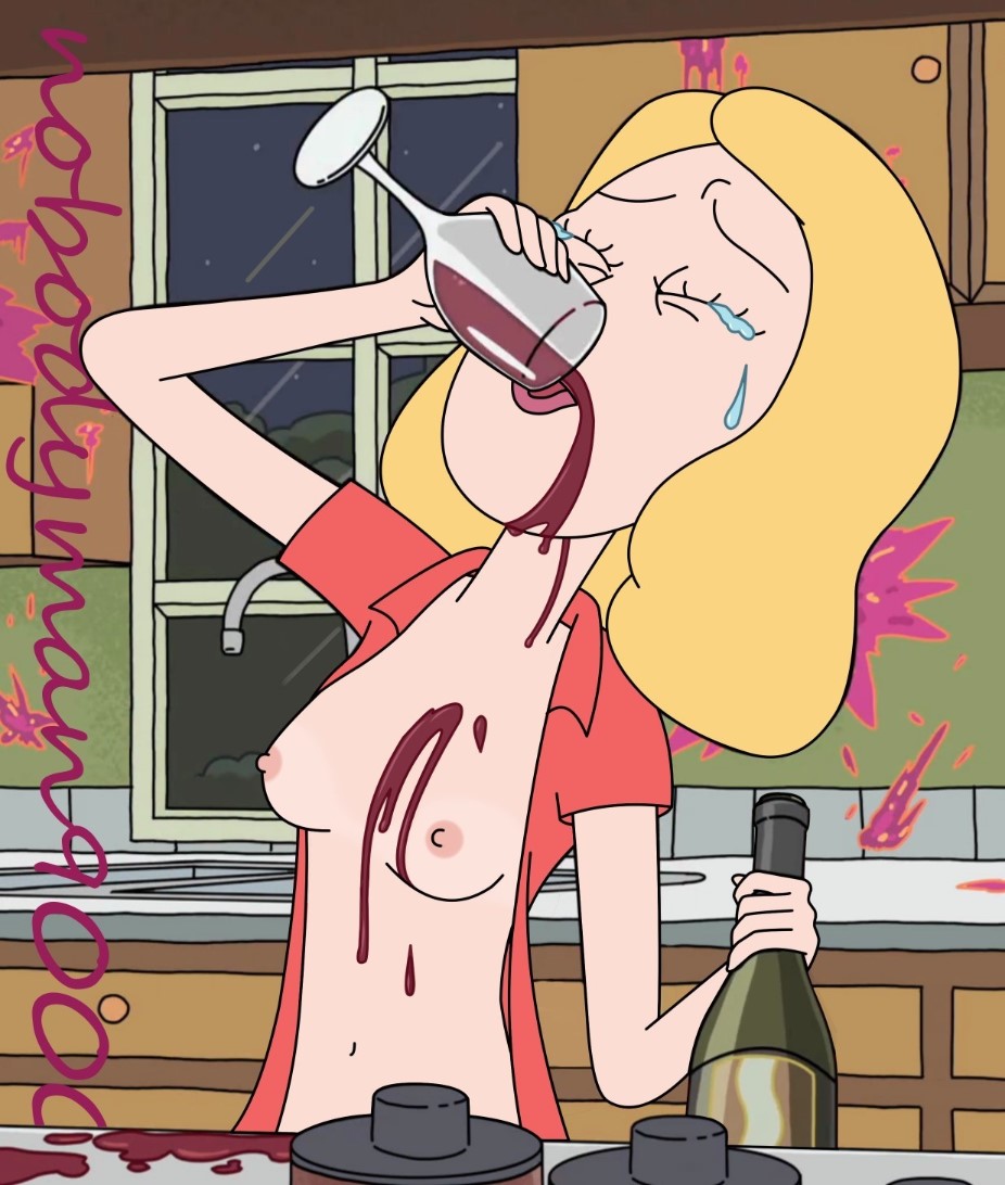 1girls accurate_art_style alcohol areolae beth_smith blonde_hair breasts breasts_out crying drinking edit female female_only nipples nobodyman9000 open_shirt rick_and_morty small_breasts solo wine