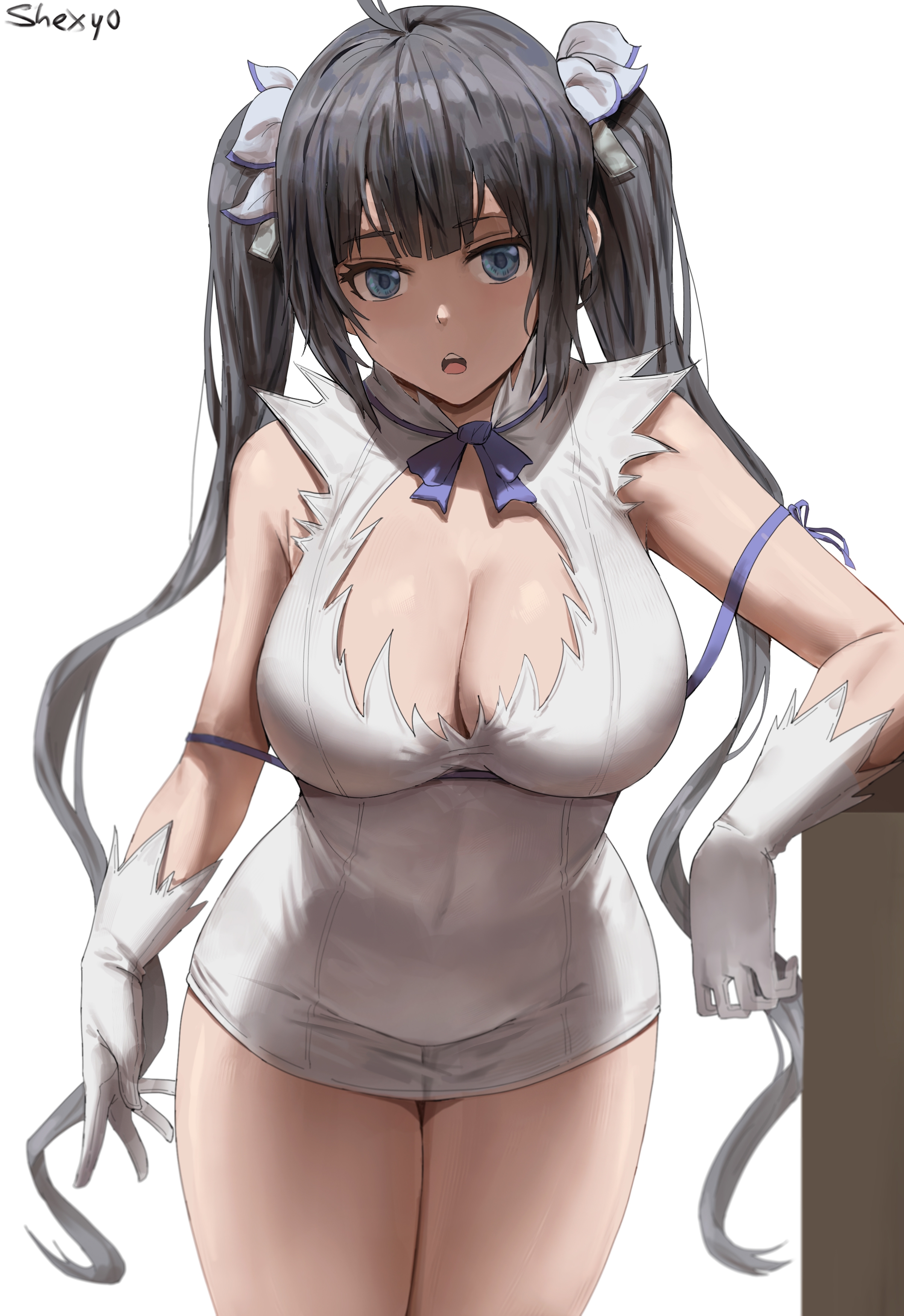 1girls, 2021, armpit crease, artist signature, bare legs, black hair, blue eyes, blue ribbon, blush, bow, bow in hair, breasts, cleavage, cleavage cutout, detached collar, dress, dungeon ni deai wo motomeru no wa machigatteiru darou ka, female, female focus, female only, gloves, hair ornament, hestia (danmachi), hi res, hips, huge breasts, leaning on object, light blush, long hair, looking at viewer, open mouth, ribbon, shexyo, short dress, simple background, slim waist, standing, thick thighs, thighs, twintails, white background, white clothing, white dress, white gloves, wide hips