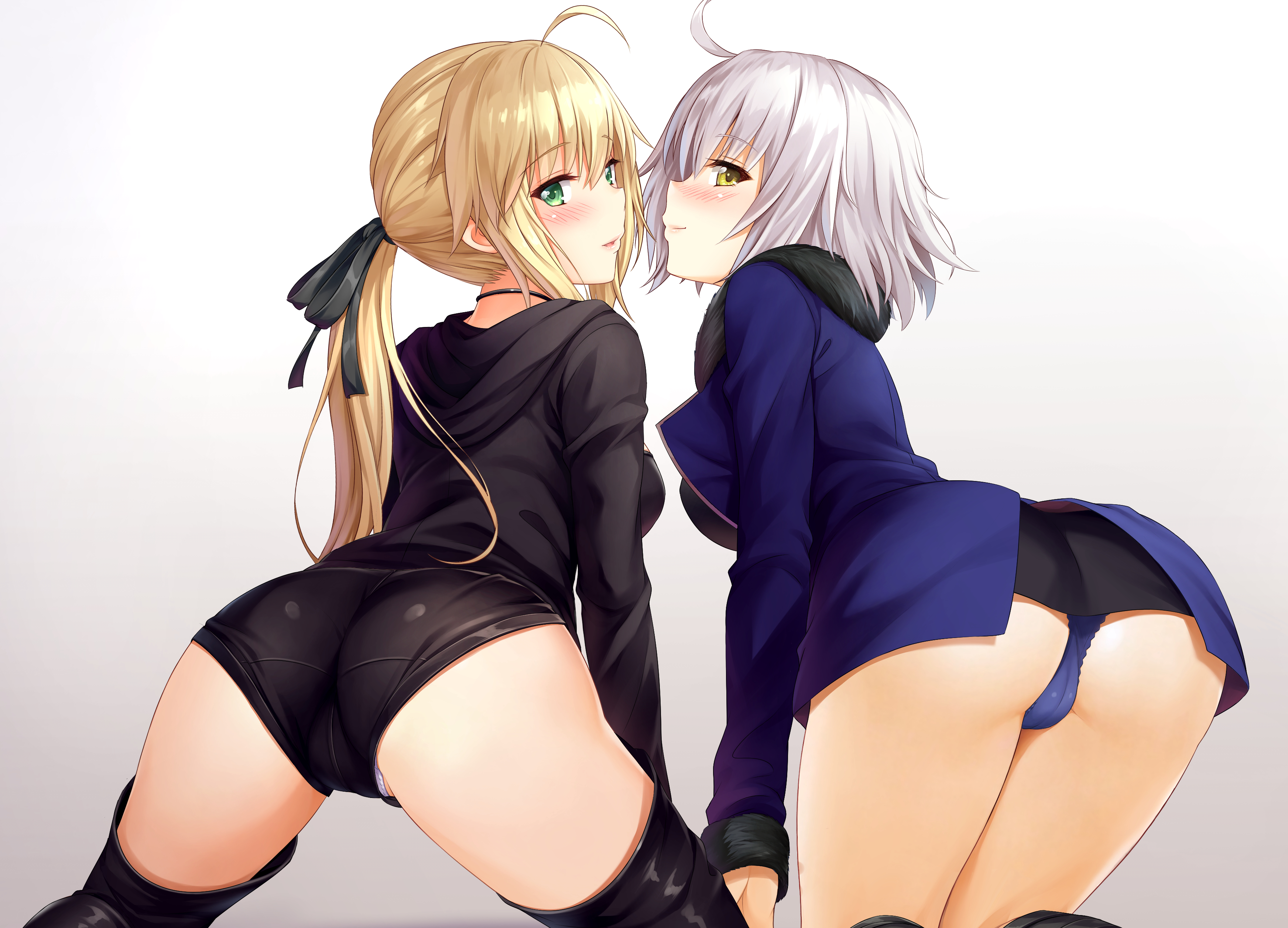 2girls, absurdres, ahoge, artoria pendragon, artoria pendragon (all), ass, ass focus, big ass, big breasts, black legwear, black skirt, blonde hair, bow, breasts, brown eyes, denhijou niki, fate (series), fate/grand order, female, female only, highres, jeanne alter, jeanne d'arc (alter) (fate), jeanne d'arc (fate) (all), light skin, light-skinned female, long sleeves, looking at viewer, looking back, multiple females, multiple girls, saber, short hair, skirt, smile, tagme, thighhighs