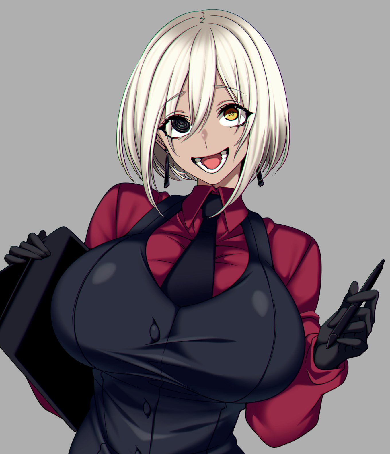 1girls, big breasts, black eye, blonde hair, breasts, busty, camui kamui (hz 666v), crazy, crazy eyes, cute, different eye color, enormous breasts, female, gloves, heterochromia, huge breasts, large breasts, light skin, light-skinned female, open mouth, original, short hair, thin, thin waist, tie, tight, tight clothes, tight clothing, tight fit, tongue, top heavy, voluptuous, white hair, yellow eye