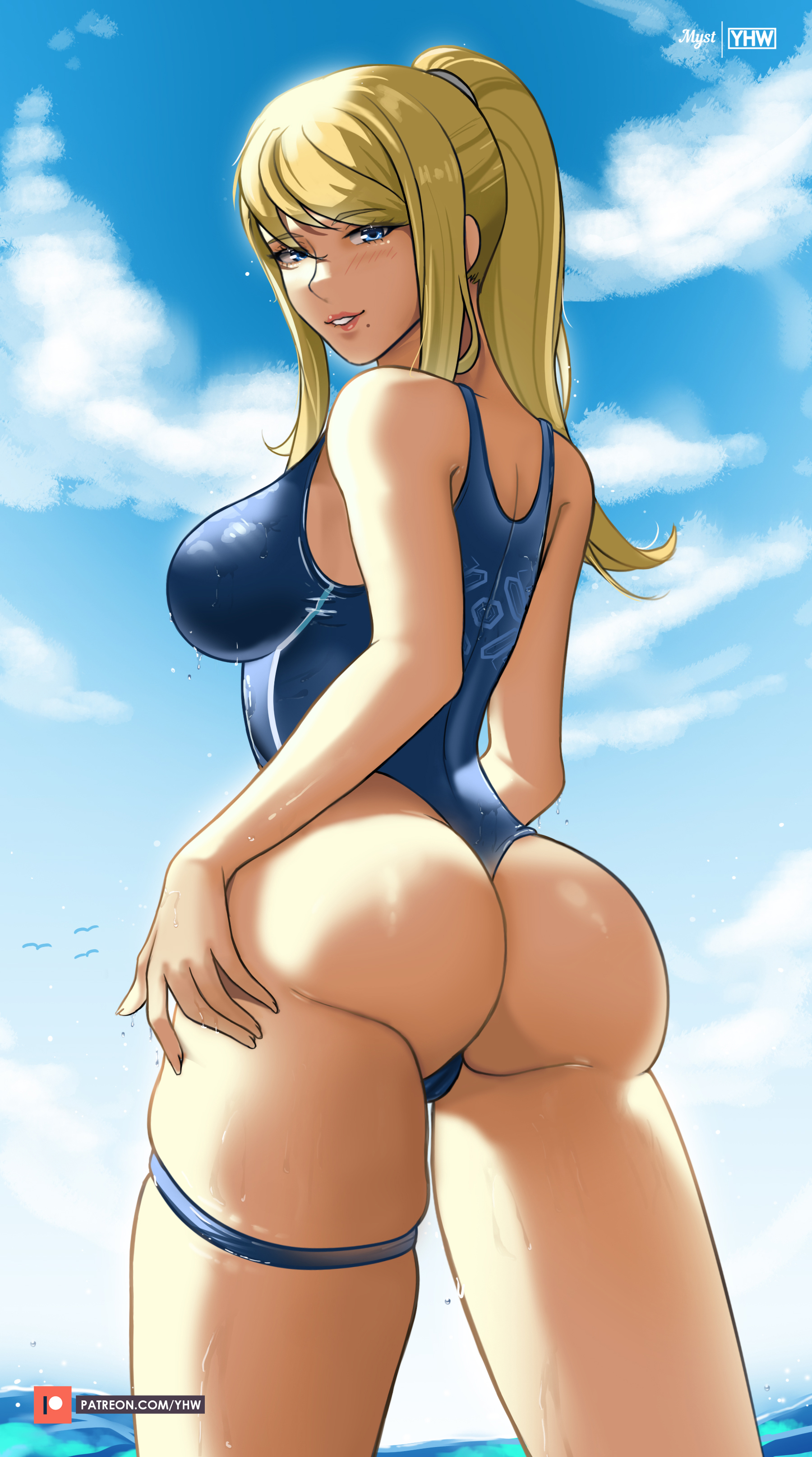 1girls, ass, back, back view, beach, beauty mark, bikini, blonde hair, female, female only, looking at viewer, looking back, metroid, myst, nintendo, one-piece swimsuit, ponytail, samus aran, smile, solo, summer, swimsuit, thick thighs, thighs, water, wet, wet clothes, wet skin, yhw