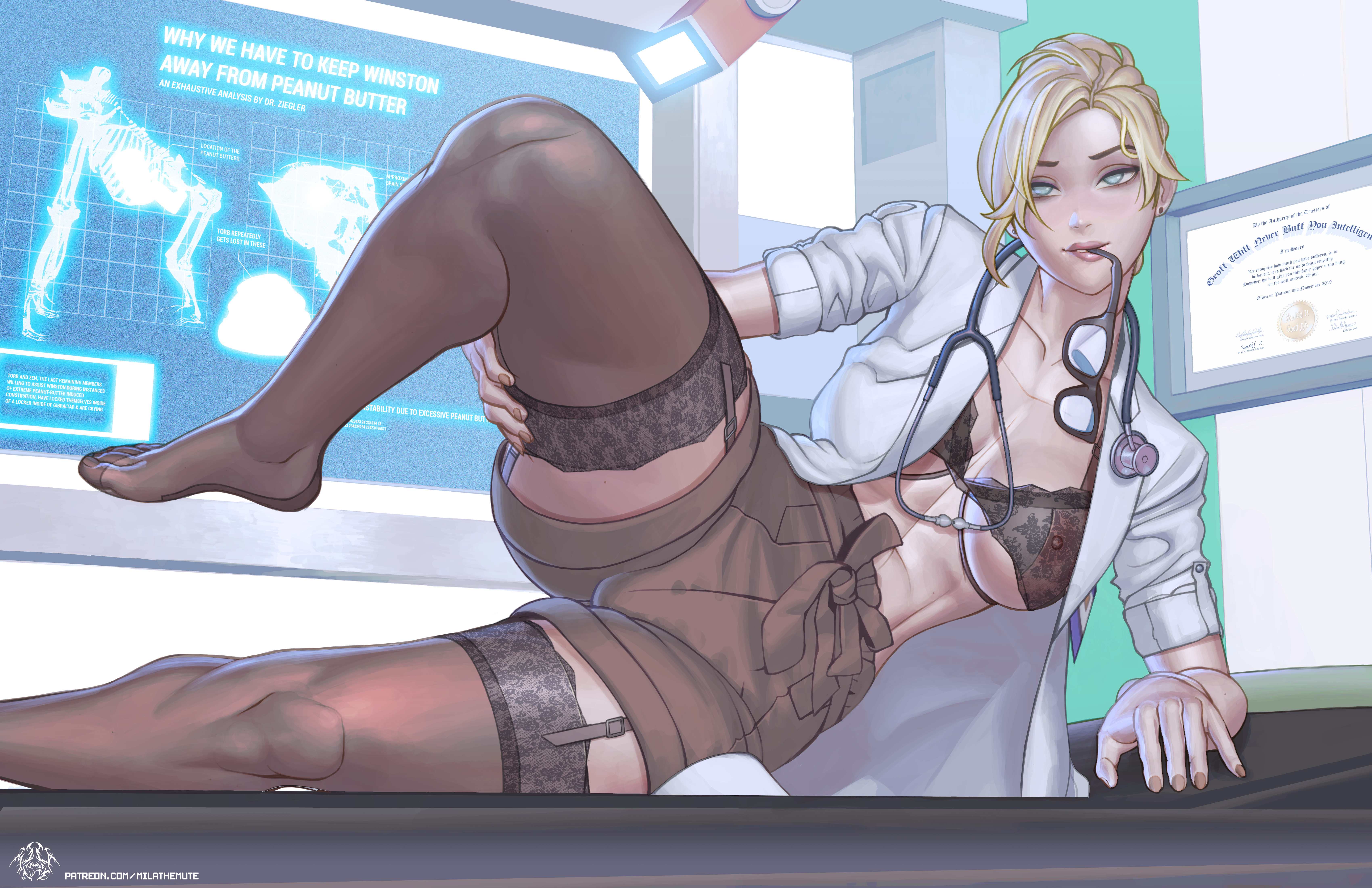 blonde hair, doctor, female, glasses in mouth, mercy, mila the mute, overwatch, pantyhose, see-through bra, stockings