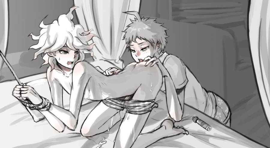 2boys, anilingus, arched back, ass, ass up, bound, bound arms, clothed, clothing, cum, cumshot, danganronpa, danganronpa 2: goodbye despair, gay, hinata hajime, licking, licking ass, male, male only, male/male, monochrome, nagito komaeda, on bed, partially clothed, penis, restrained, rimjob, rimming, rimming male, rope, sex toy, straight hair, tied, tied up, underwear down, yaoi, yndr4hope